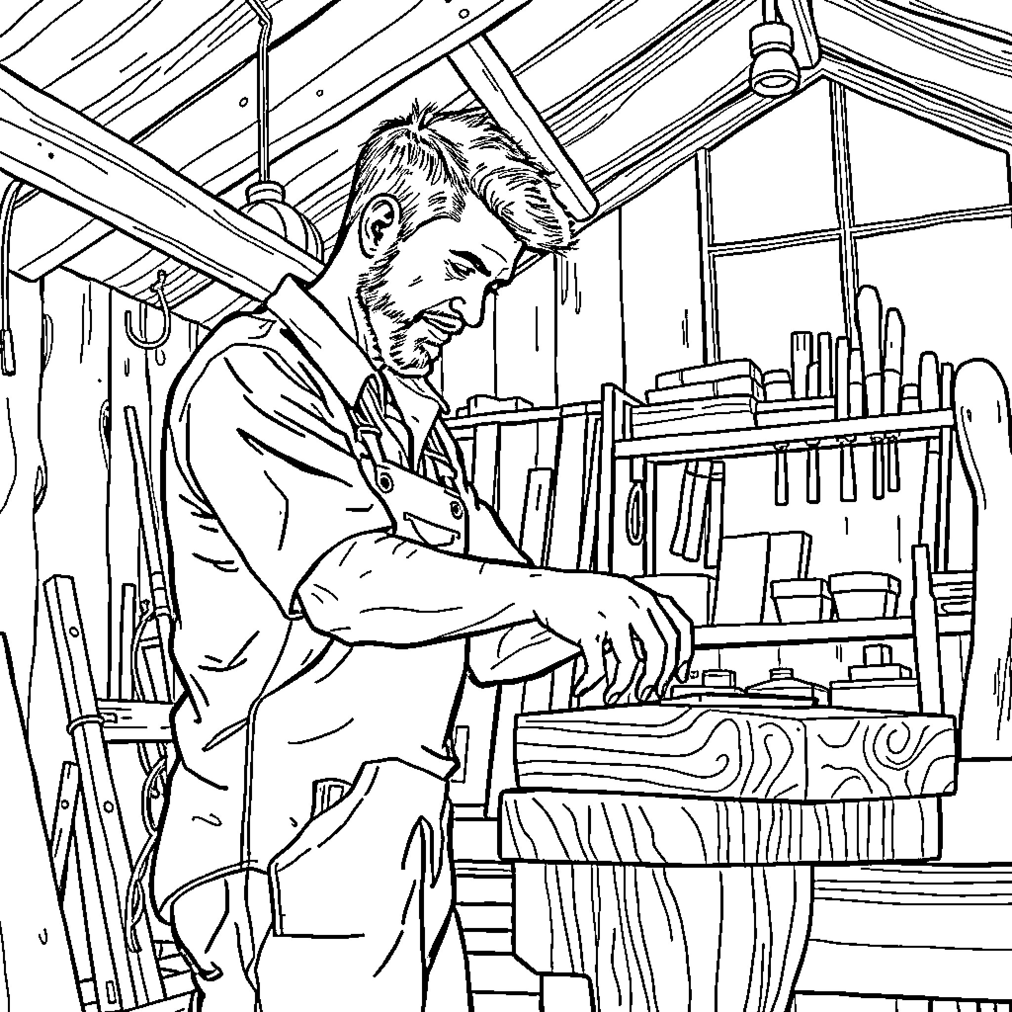 Carpenter working diligently in his workshop Coloring Page (free black-and-white line drawing printable PDF for all, from beginners to advanced learners, including children, teens, adults, and seniors)