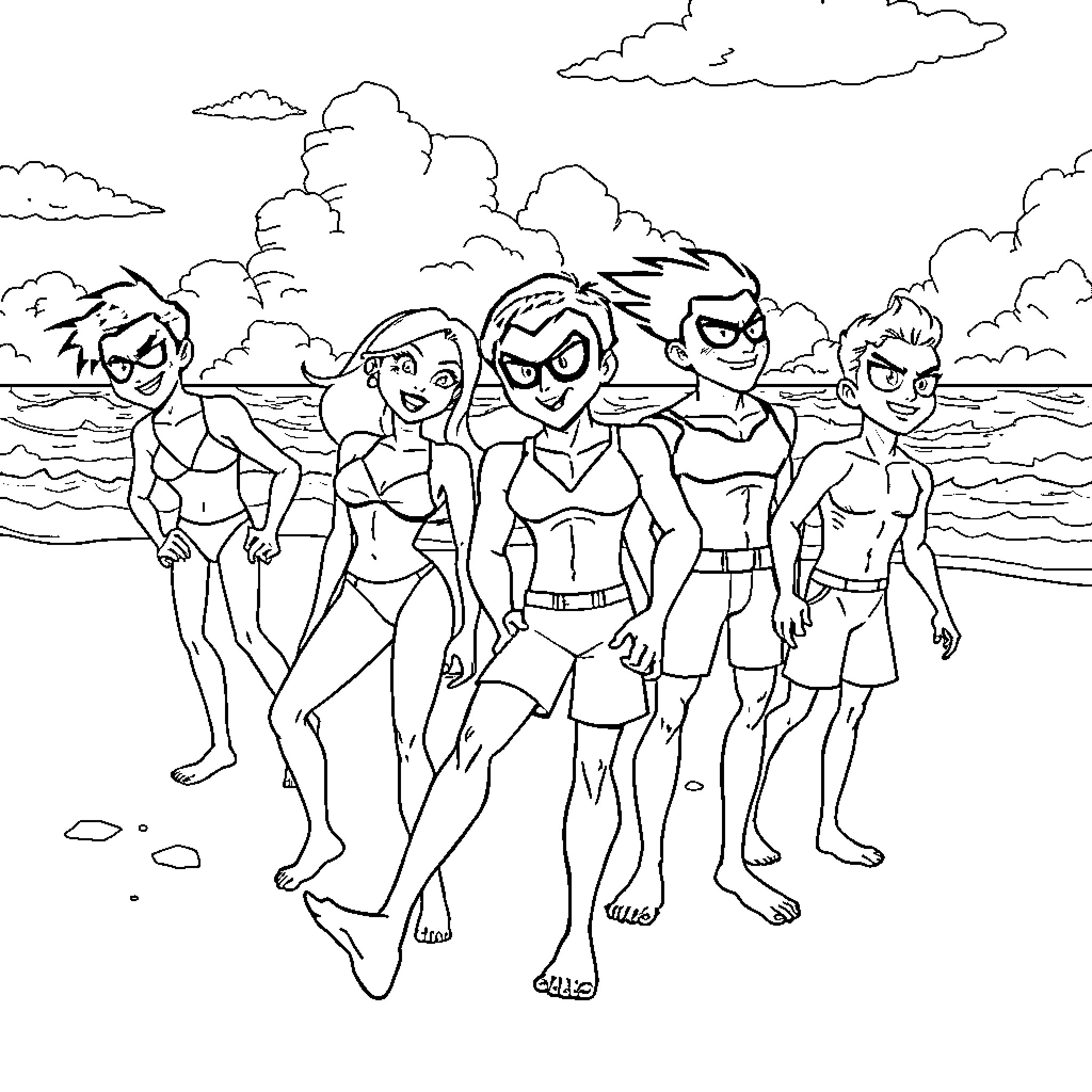 Teen Titans on a Beach Adventure Coloring Page (free black-and-white line drawing printable PDF for all, from beginners to advanced learners, including children, teens, adults, and seniors)