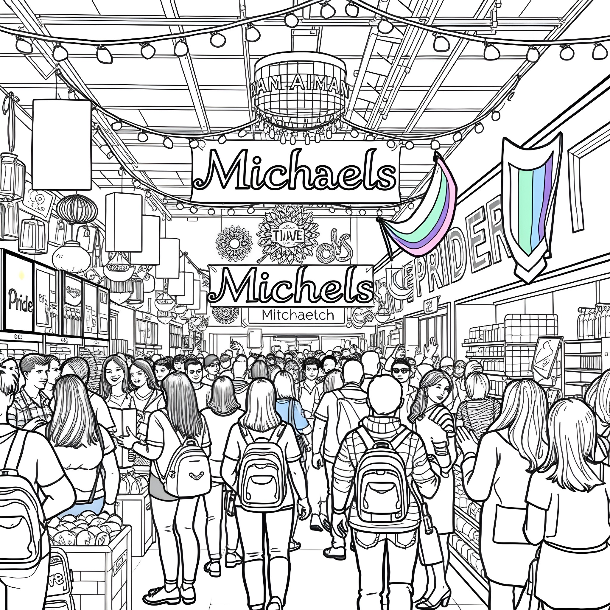 Pride in Michaels: Celebrating Creativity and Community Coloring Page (free black-and-white line drawing printable PDF for all, from beginners to advanced learners, including children, teens, adults, and seniors)
