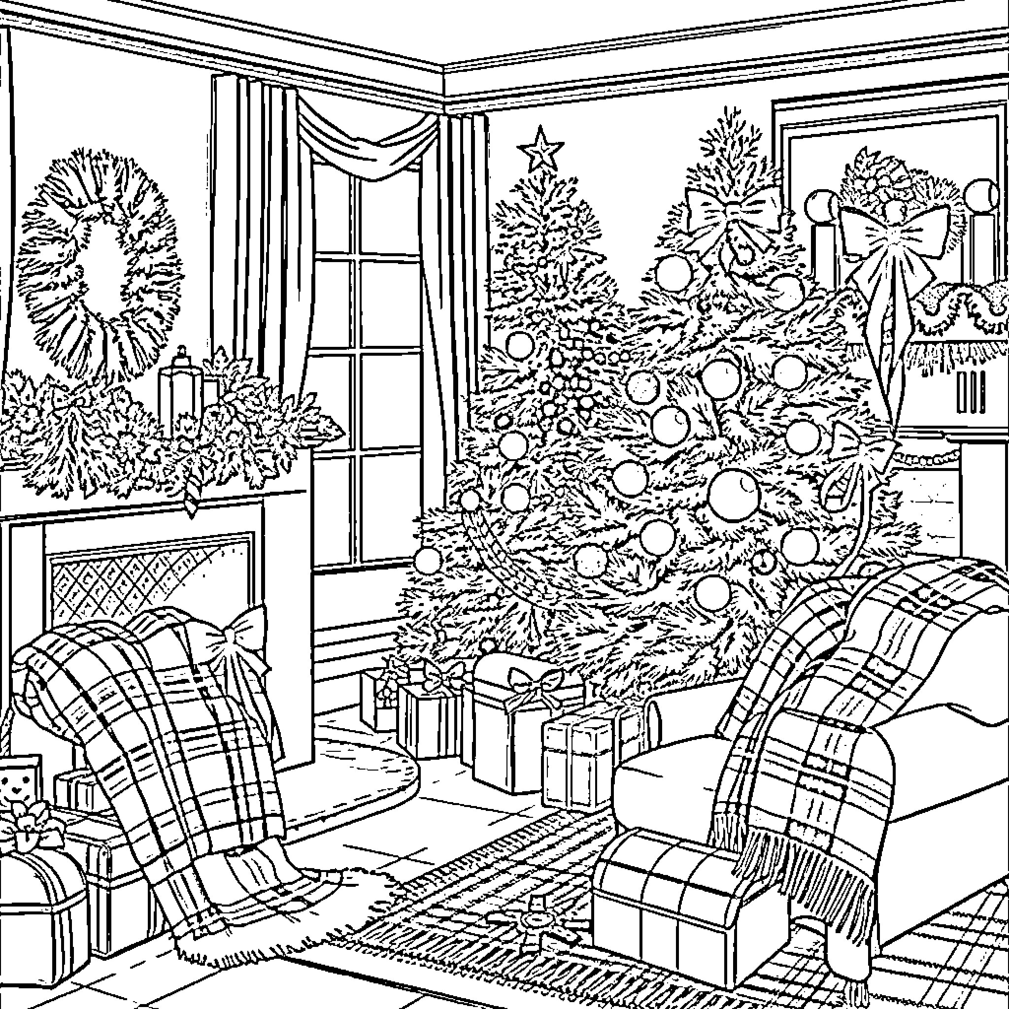 Christmas Cozy Indoor Scene with Tree and Decor Coloring Page (free black-and-white line drawing printable PDF for all, from beginners to advanced learners, including children, teens, adults, and seniors)