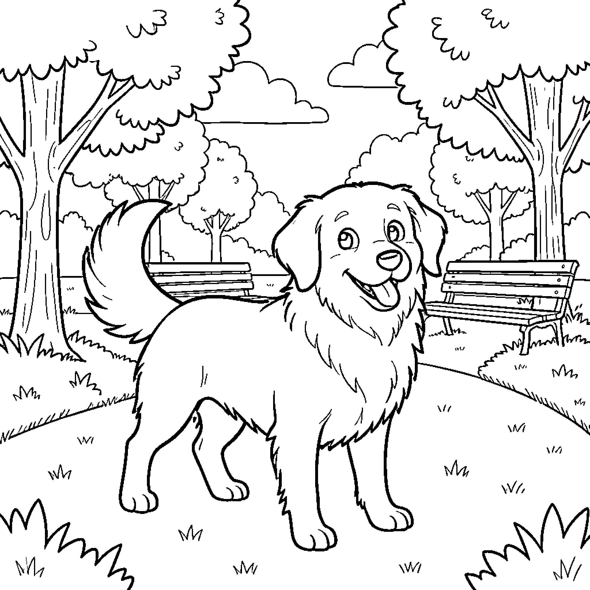 Dog exploring the park with joy Coloring Page (free black-and-white line drawing printable PDF for all, from beginners to advanced learners, including children, teens, adults, and seniors)