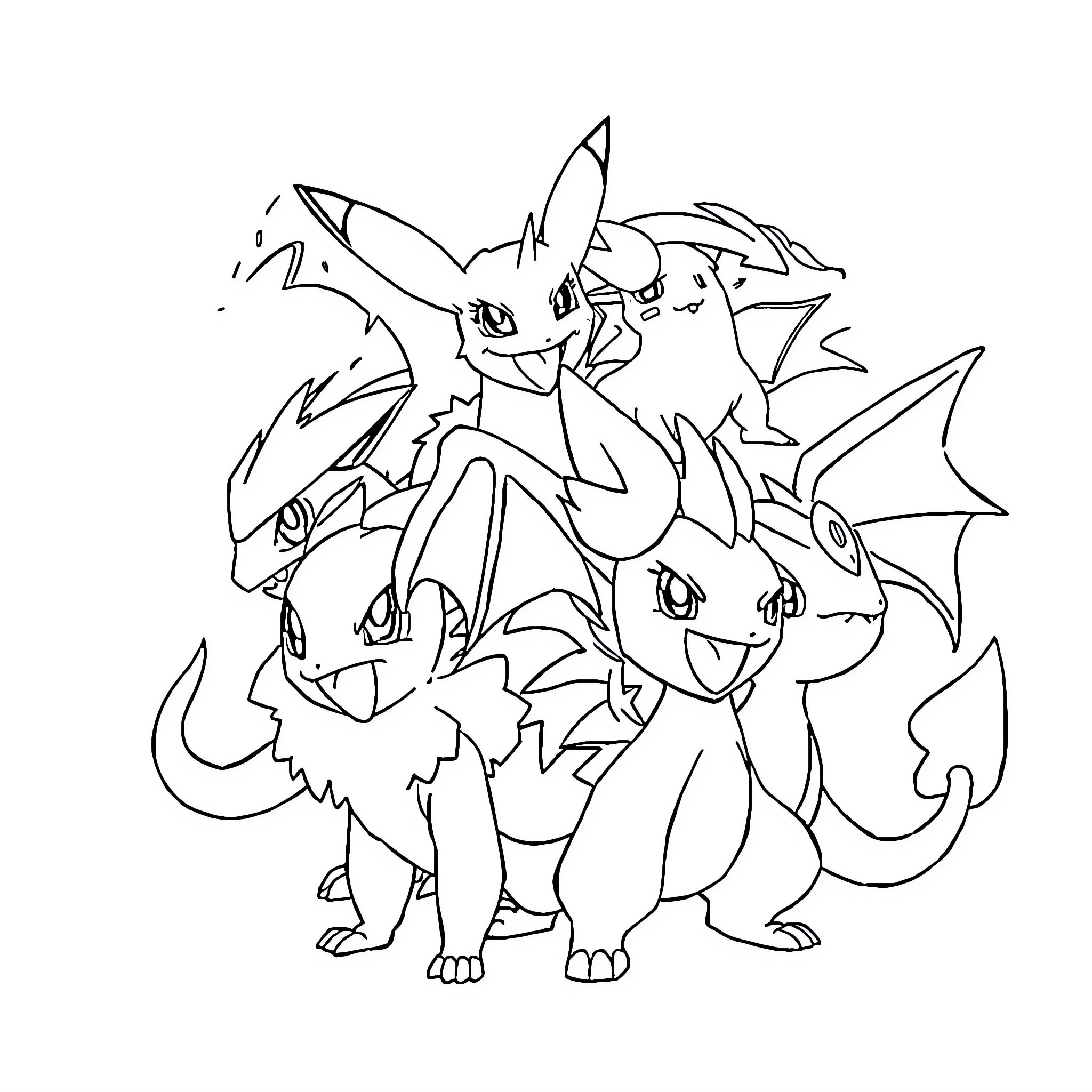 Pokémon characters in a playful scene Coloring Page (free black-and-white line drawing printable PDF for all, from beginners to advanced learners, including children, teens, adults, and seniors)