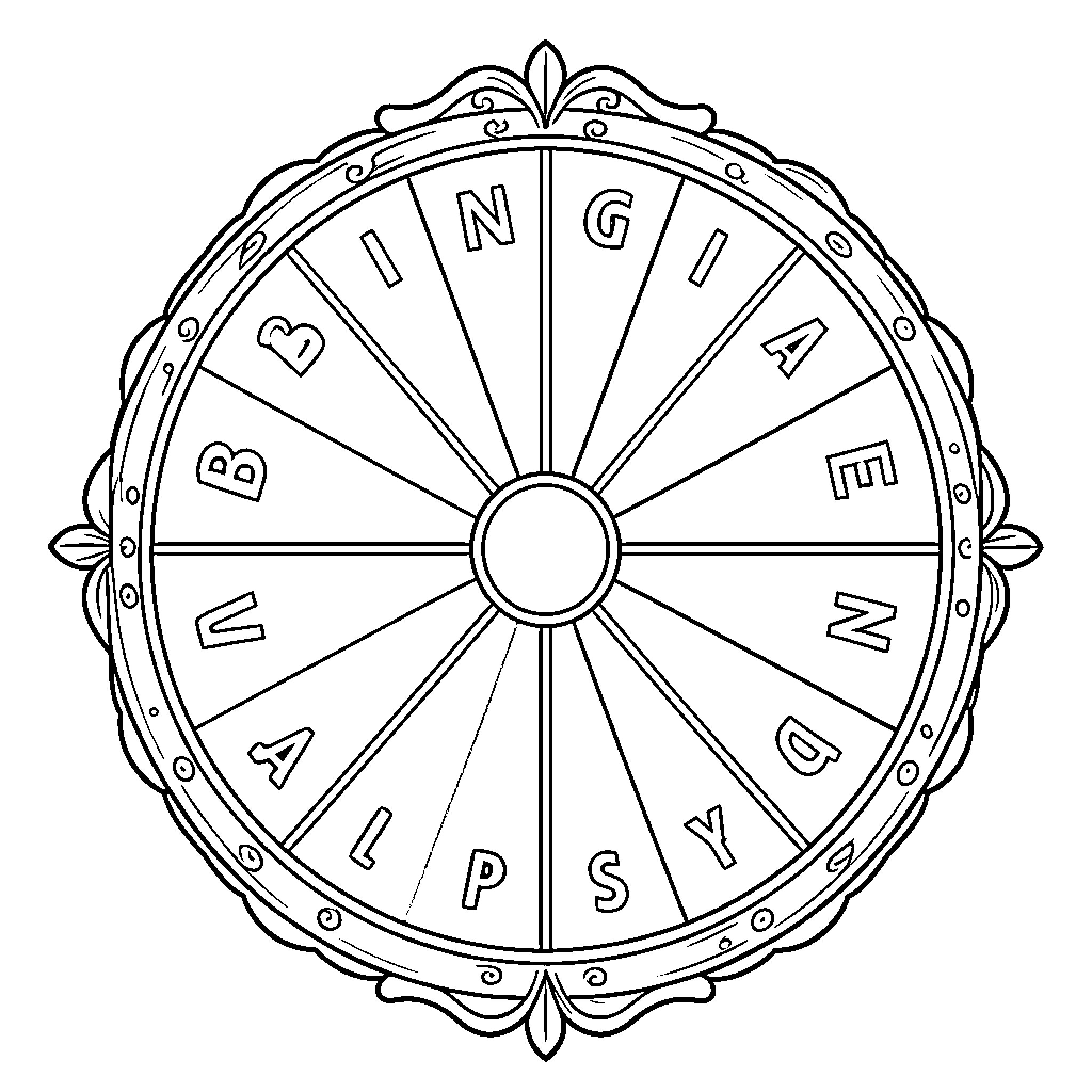 Colour Wheel of Fortune Coloring Page (free black-and-white line drawing printable PDF for all, from beginners to advanced learners, including children, teens, adults, and seniors)