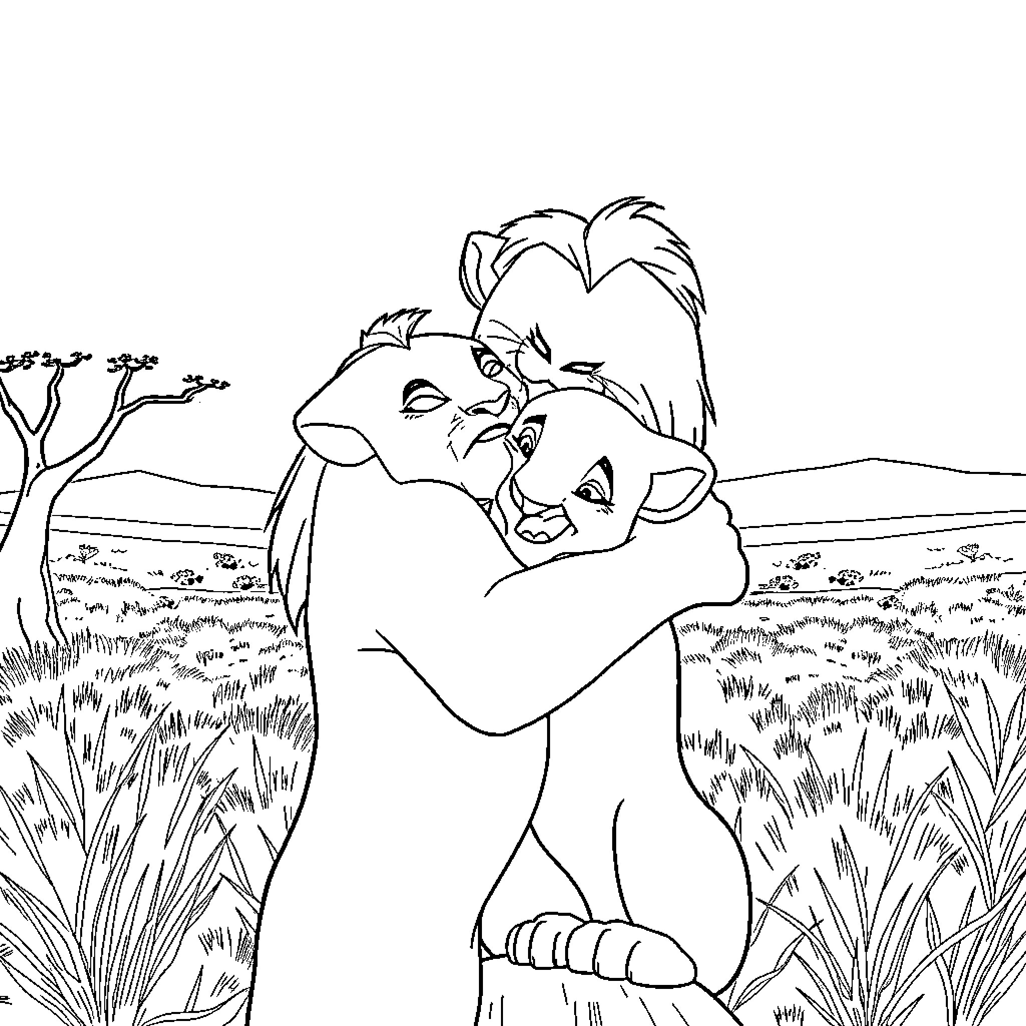 Scar and Mufasa's confrontation in the savanna Coloring Page (free black-and-white line drawing printable PDF for all, from beginners to advanced learners, including children, teens, adults, and seniors)