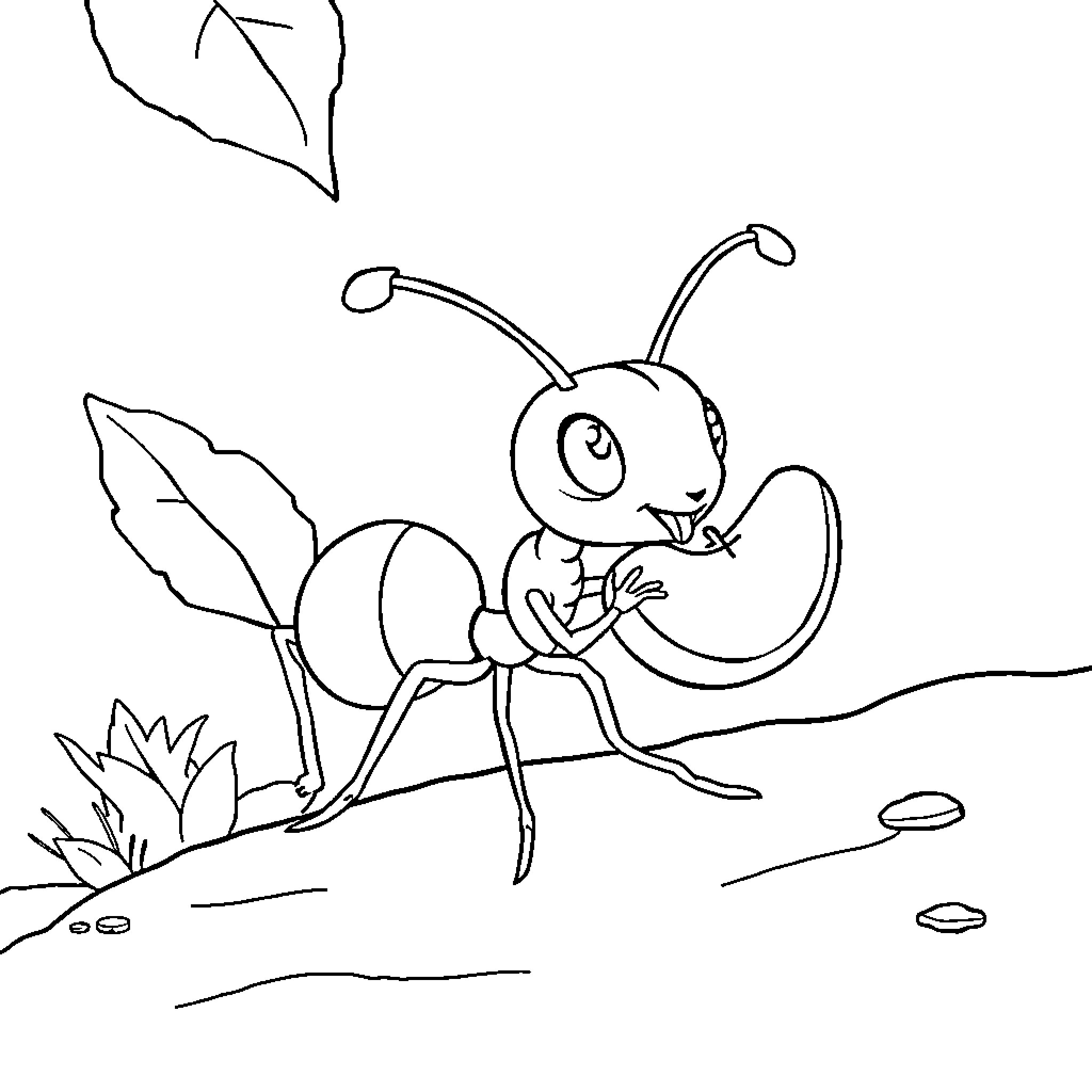 Ant enjoying a tasty treat in the garden Coloring Page (free black-and-white line drawing printable PDF for all, from beginners to advanced learners, including children, teens, adults, and seniors)