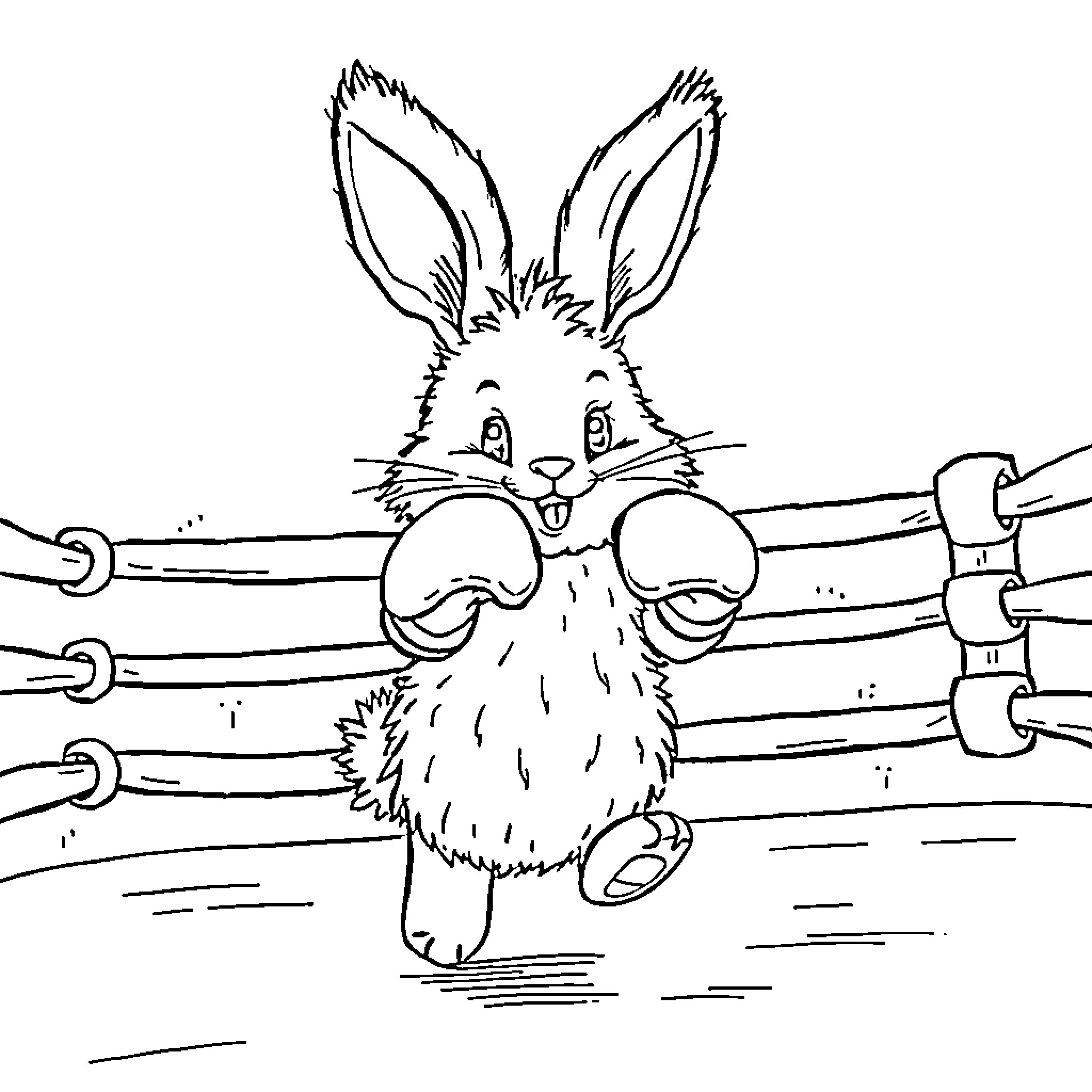 Bunny jumping through an obstacle course Coloring Page (free black-and-white line drawing printable PDF for all, from beginners to advanced learners, including children, teens, adults, and seniors)