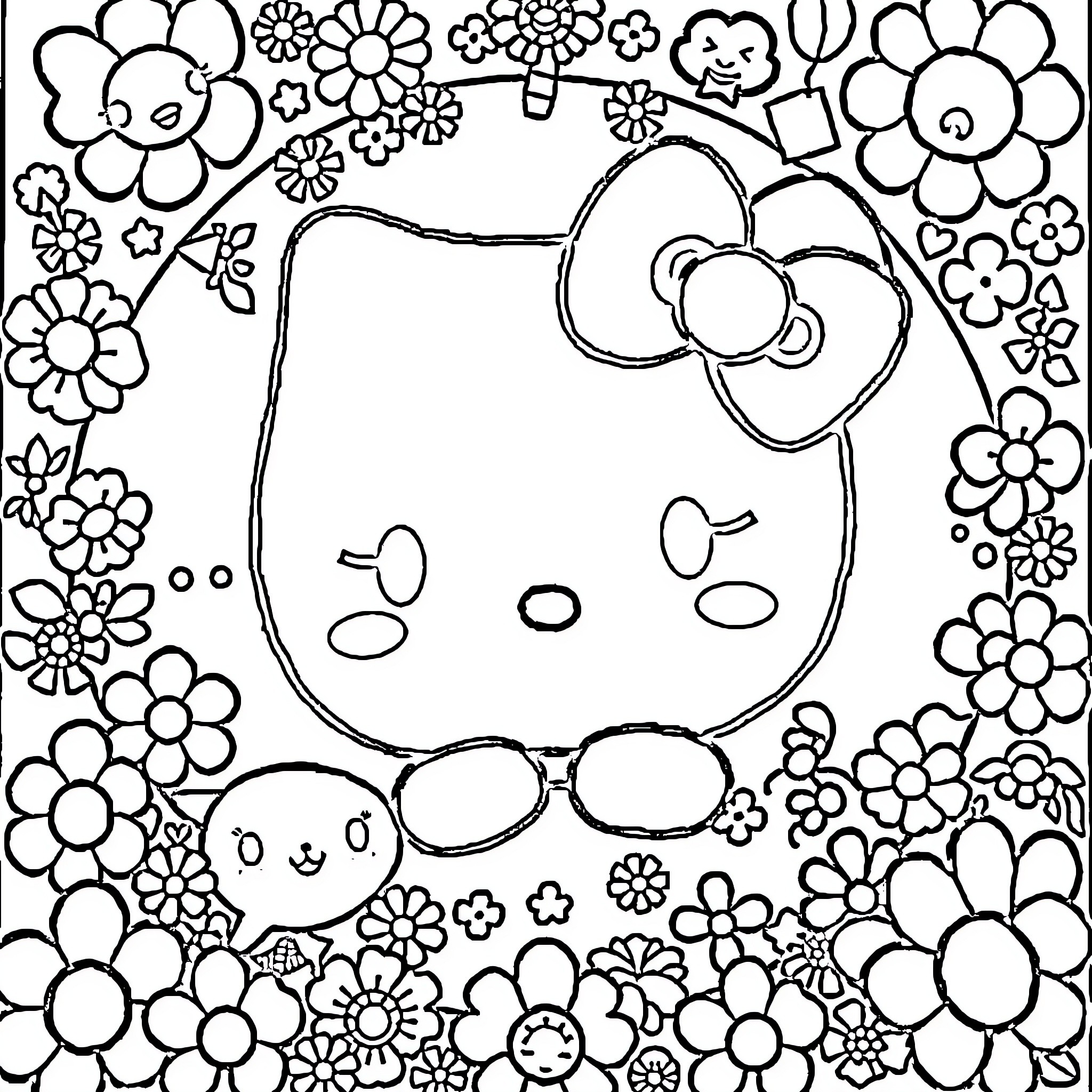Sanrio characters in a floral garden Coloring Page (free black-and-white line drawing printable PDF for all, from beginners to advanced learners, including children, teens, adults, and seniors)