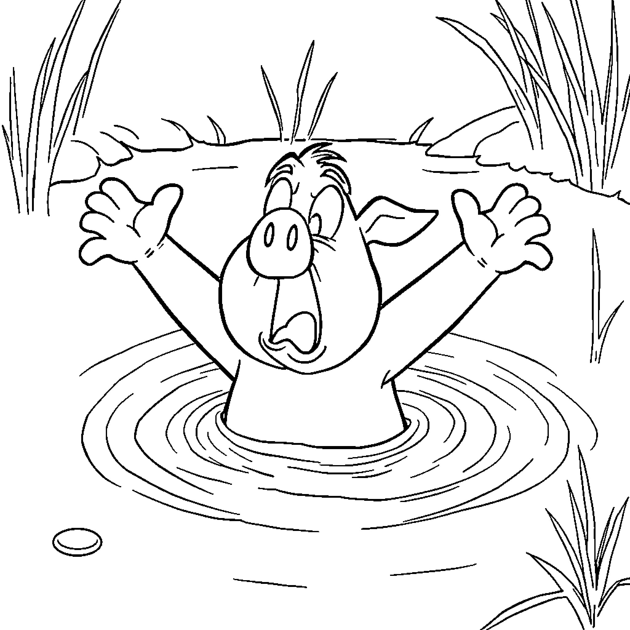 Porky Pig splashing and playing in water Coloring Page (free black-and-white line drawing printable PDF for all, from beginners to advanced learners, including children, teens, adults, and seniors)