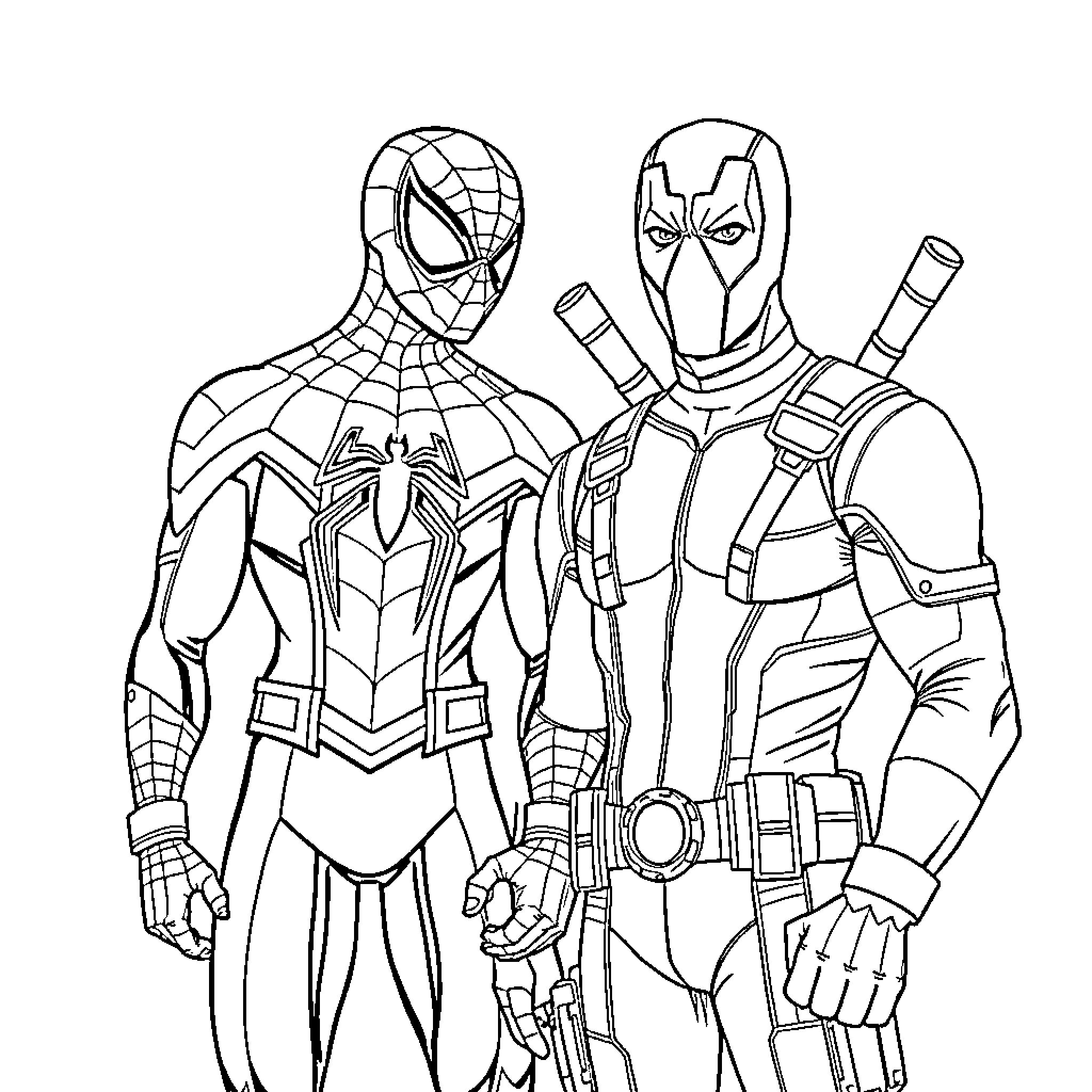 Spiderman and Deadpool in heroic poses Coloring Page (free black-and-white line drawing printable PDF for all, from beginners to advanced learners, including children, teens, adults, and seniors)