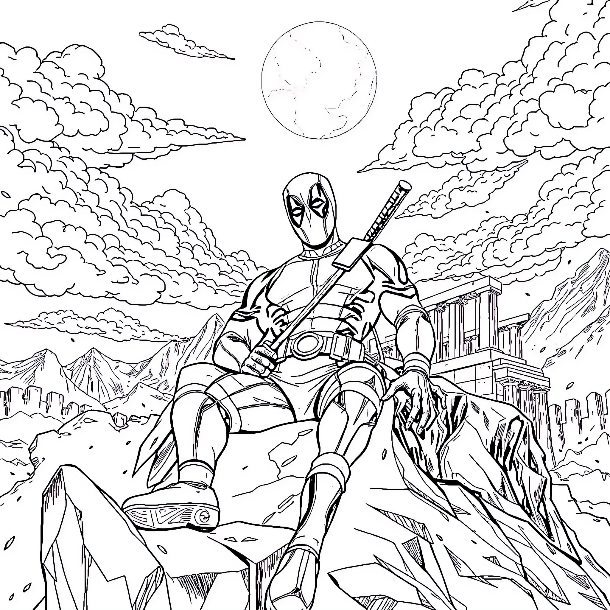 Deadpool's Rugged Adventure in the Moonlit Landscape Coloring Page (free black-and-white line drawing printable PDF for all, from beginners to advanced learners, including children, teens, adults, and seniors)