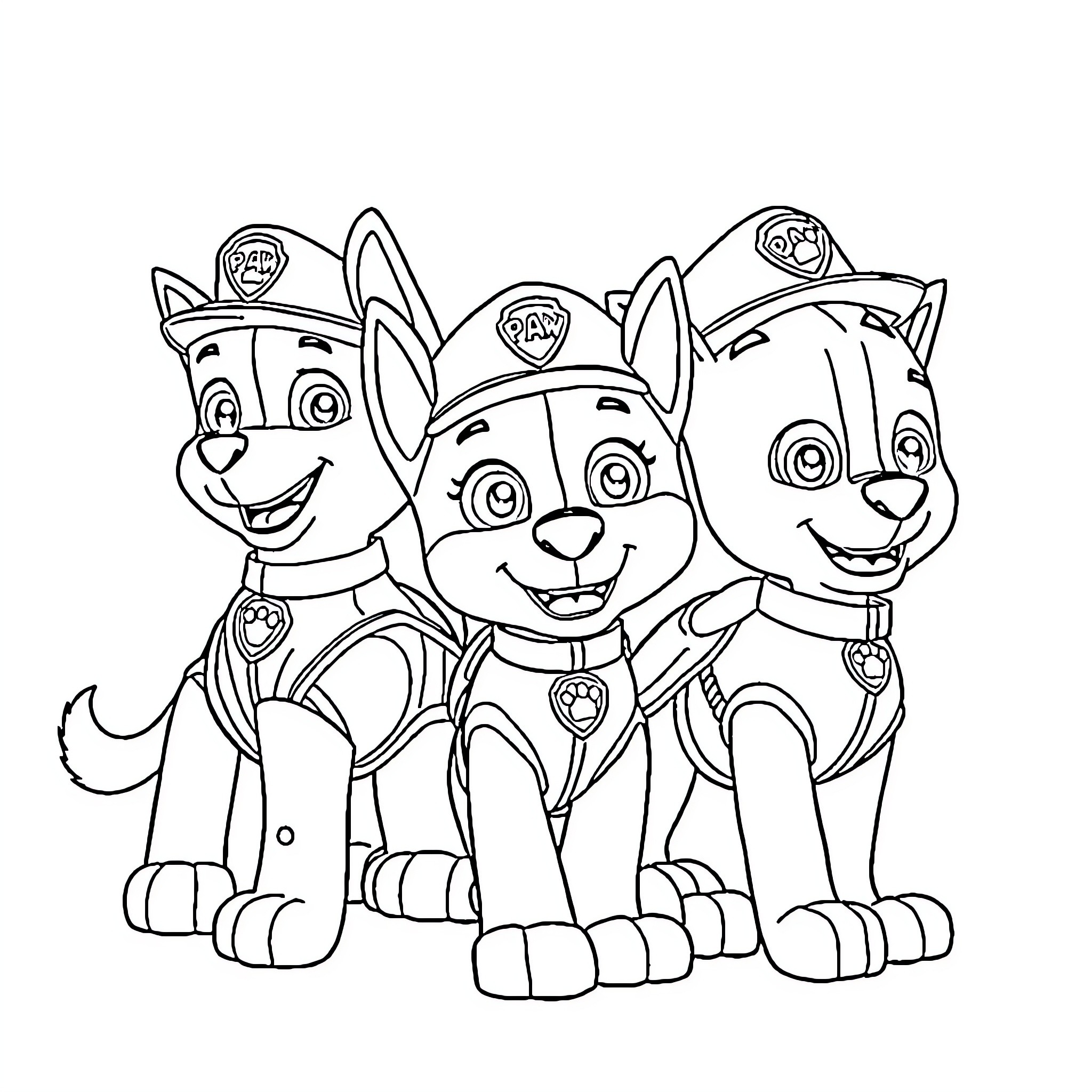 Paw Patrol team in action poses Coloring Page (free black-and-white line drawing printable PDF for all, from beginners to advanced learners, including children, teens, adults, and seniors)
