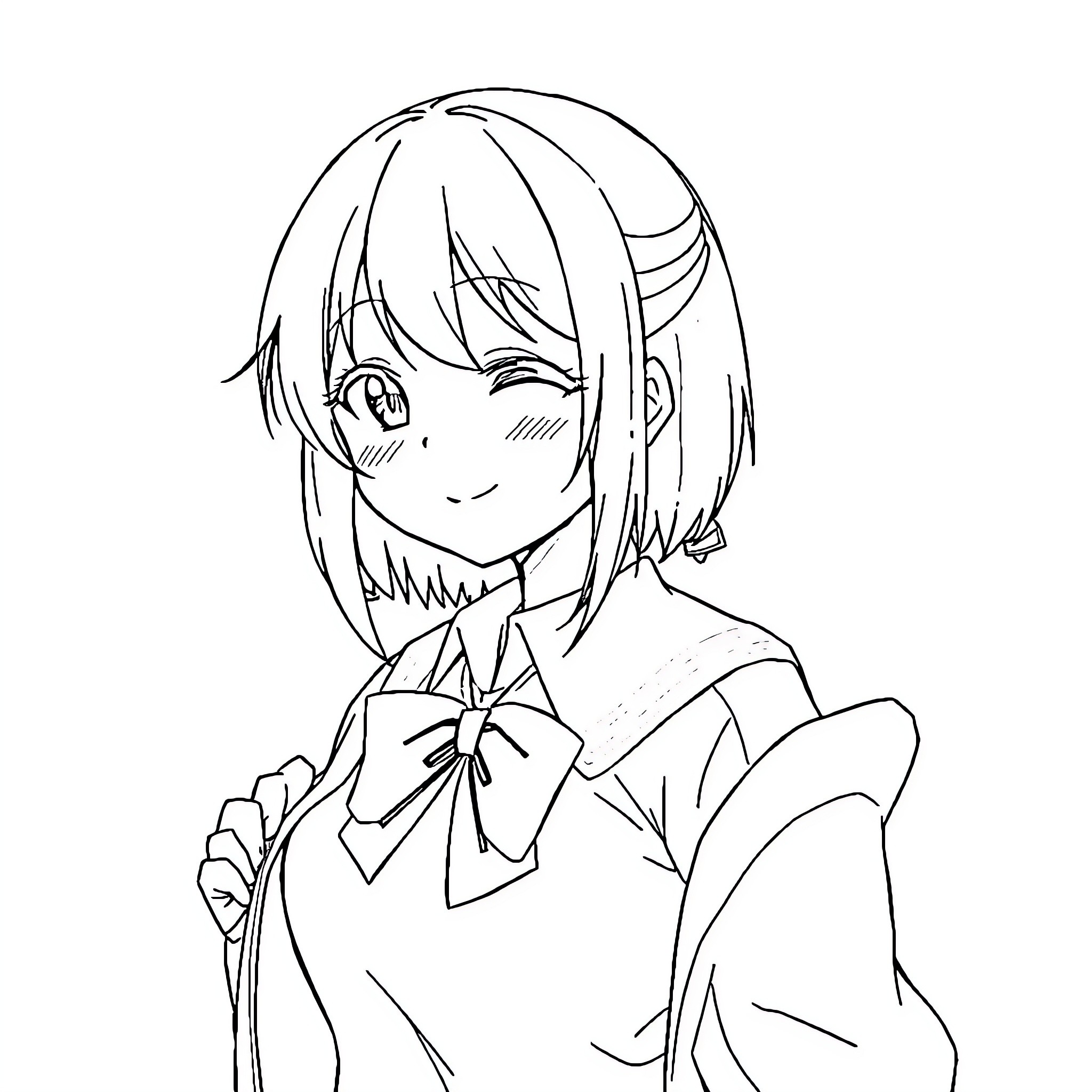 Anime Girl with Bow Tie in Uniform Coloring Page (free black-and-white line drawing printable PDF for all, from beginners to advanced learners, including children, teens, adults, and seniors)