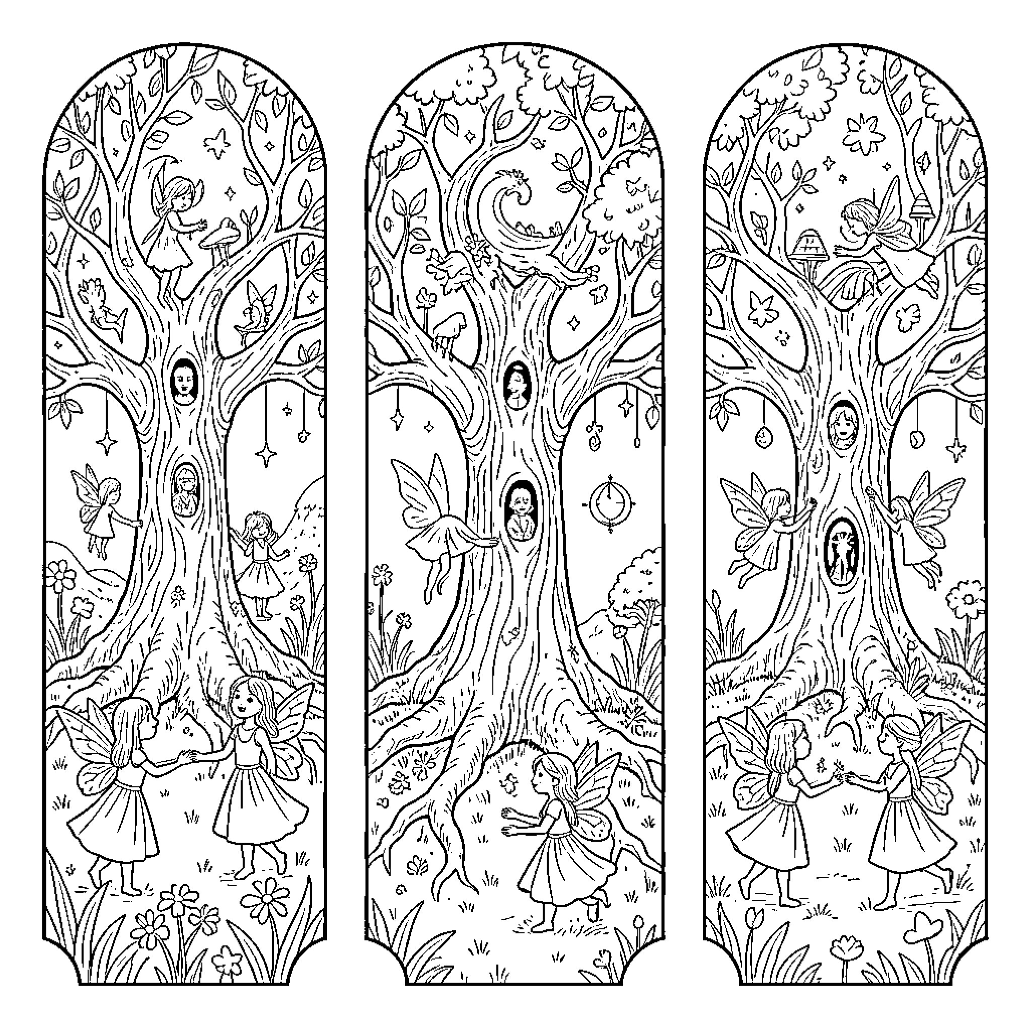 Bookmark featuring fairies dancing among magical trees Coloring Page (free black-and-white line drawing printable PDF for all, from beginners to advanced learners, including children, teens, adults, and seniors)