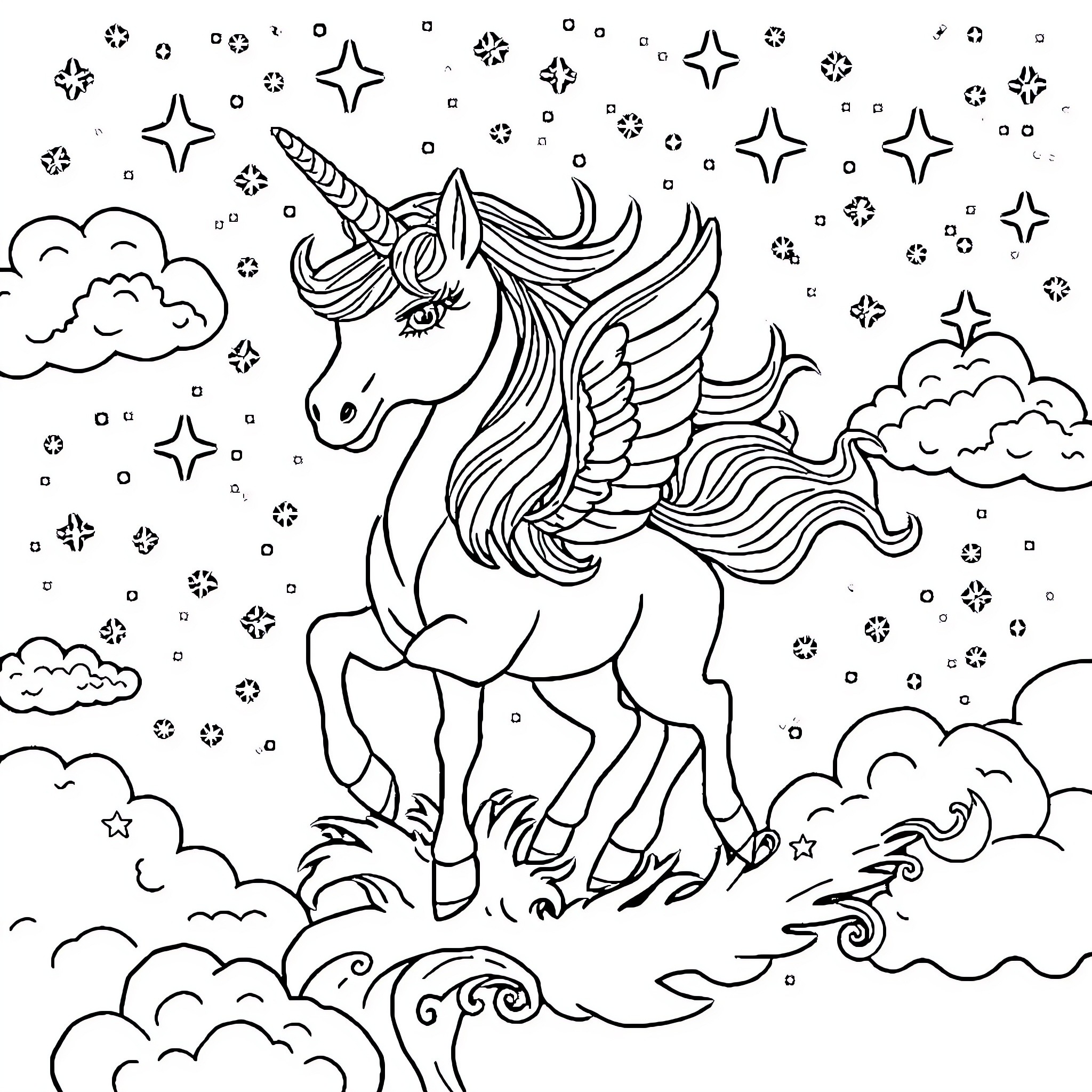 Unicorn soaring through the magical night sky Coloring Page (free black-and-white line drawing printable PDF for all, from beginners to advanced learners, including children, teens, adults, and seniors)