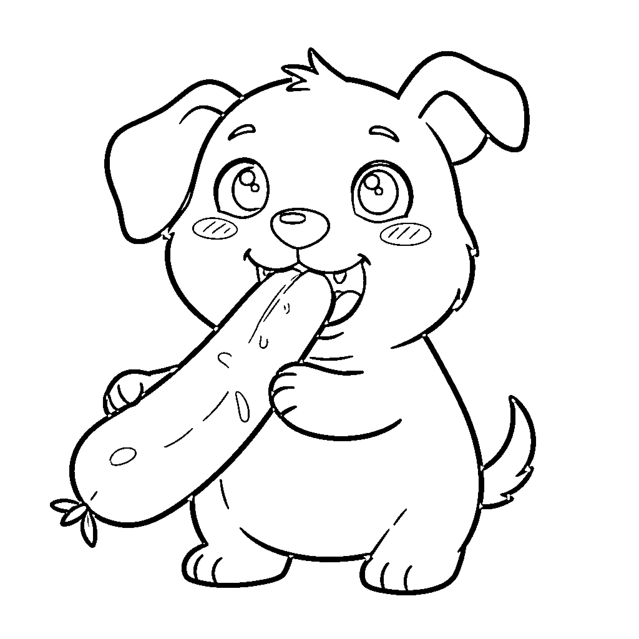 Chien eating a hot dog happily Coloring Page (free black-and-white line drawing printable PDF for all, from beginners to advanced learners, including children, teens, adults, and seniors)