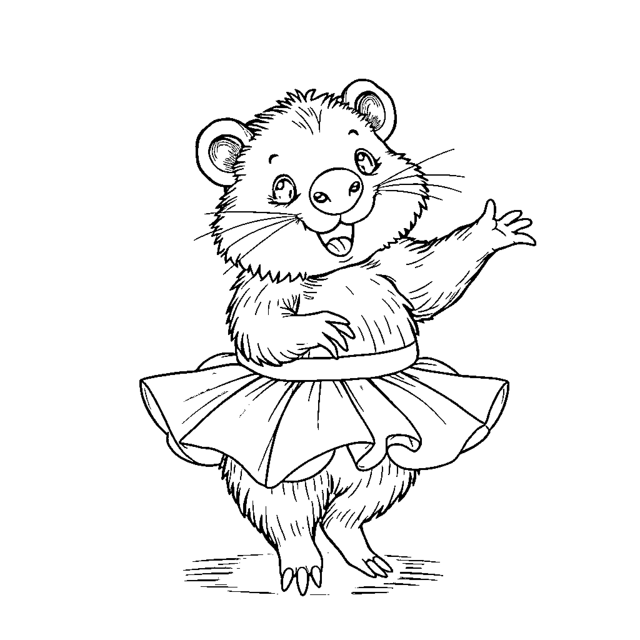 Wombat dancing in a tutu Coloring Page (free black-and-white line drawing printable PDF for all, from beginners to advanced learners, including children, teens, adults, and seniors)