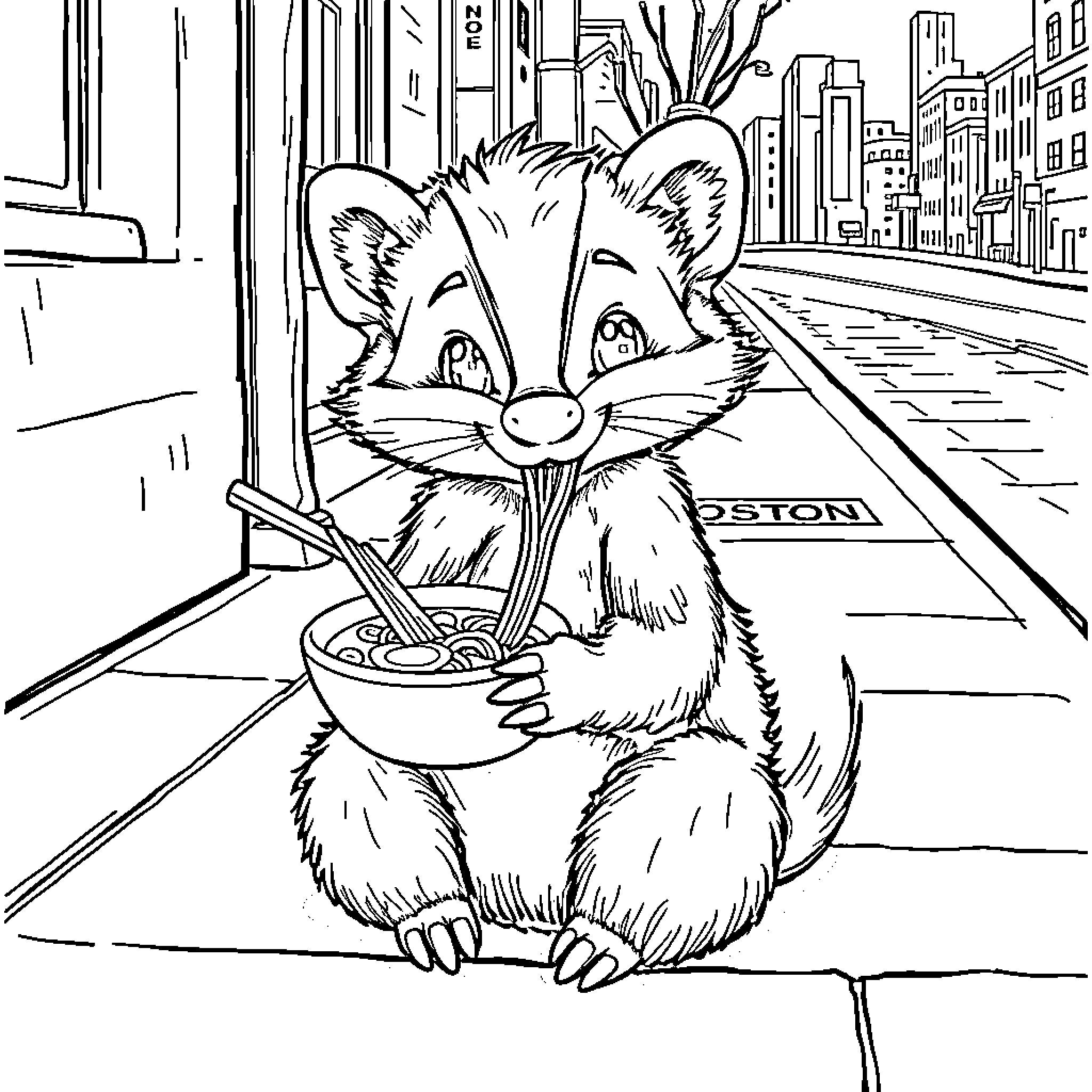 Skunk enjoying a meal on city street Coloring Page (free black-and-white line drawing printable PDF for all, from beginners to advanced learners, including children, teens, adults, and seniors)
