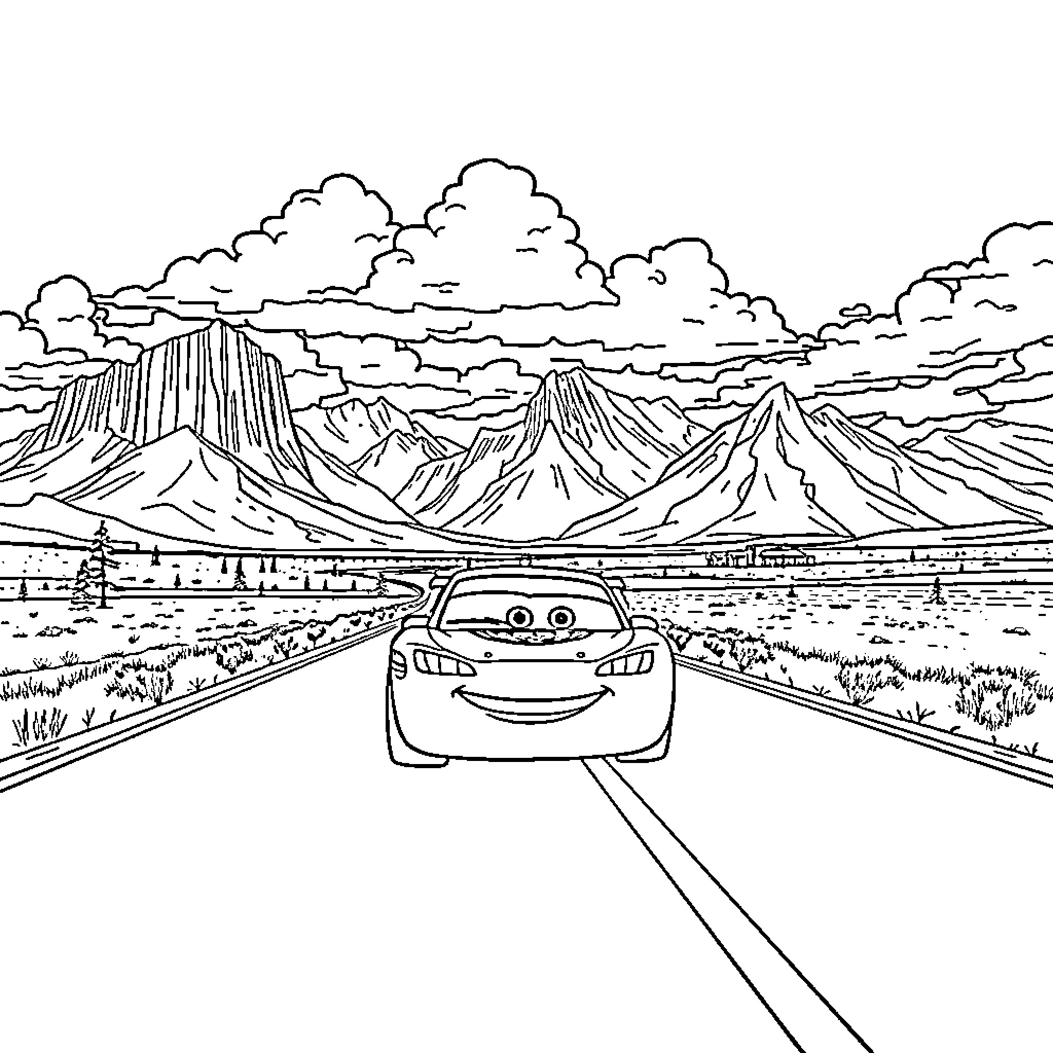Lightning McQueen on the open road in the mountains Coloring Page (free black-and-white line drawing printable PDF for all, from beginners to advanced learners, including children, teens, adults, and seniors)