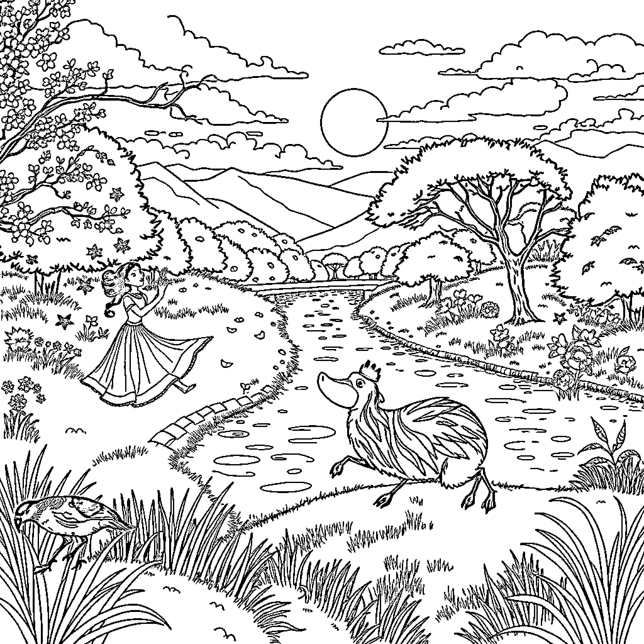 Capybara enjoying a peaceful day in the countryside Coloring Page (free black-and-white line drawing printable PDF for all, from beginners to advanced learners, including children, teens, adults, and seniors)