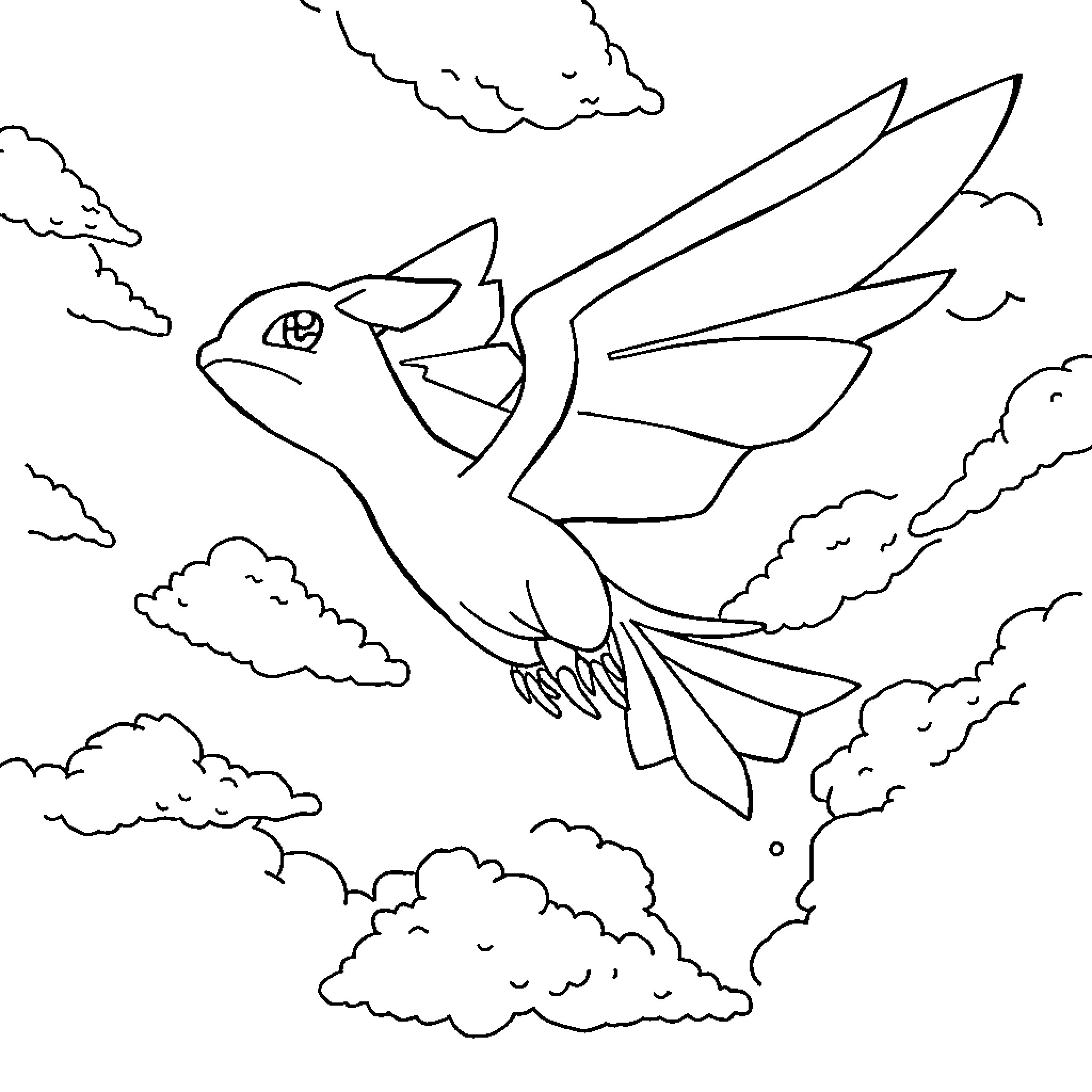 Flying Pokémon soaring through the clouds Coloring Page (free black-and-white line drawing printable PDF for all, from beginners to advanced learners, including children, teens, adults, and seniors)