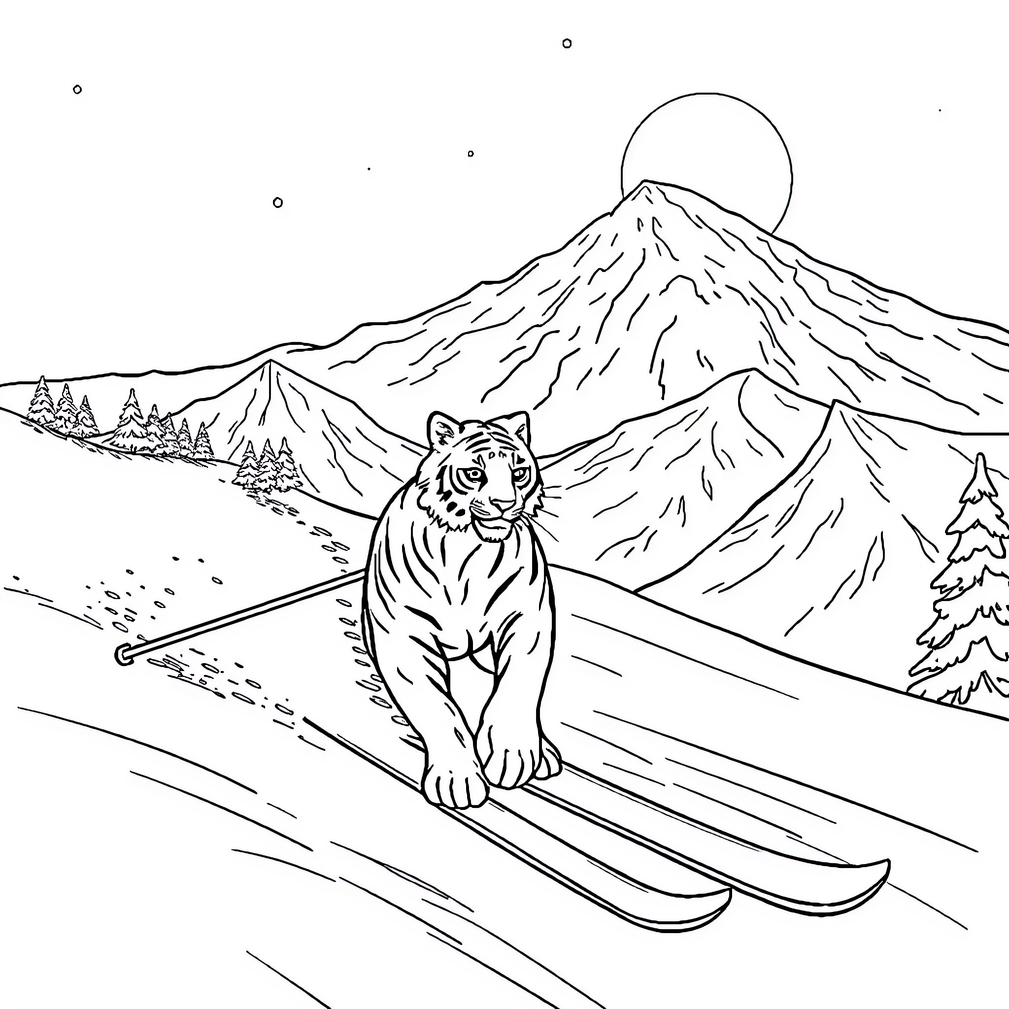Cat skiing down a snowy mountain Coloring Page (free black-and-white line drawing printable PDF for all, from beginners to advanced learners, including children, teens, adults, and seniors)