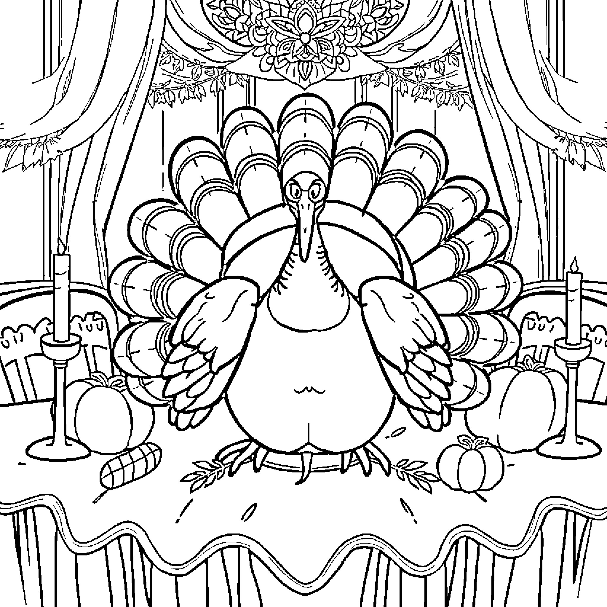 Turkey with Elegant Decorative Elements Coloring Page (free black-and-white line drawing printable PDF for all, from beginners to advanced learners, including children, teens, adults, and seniors)