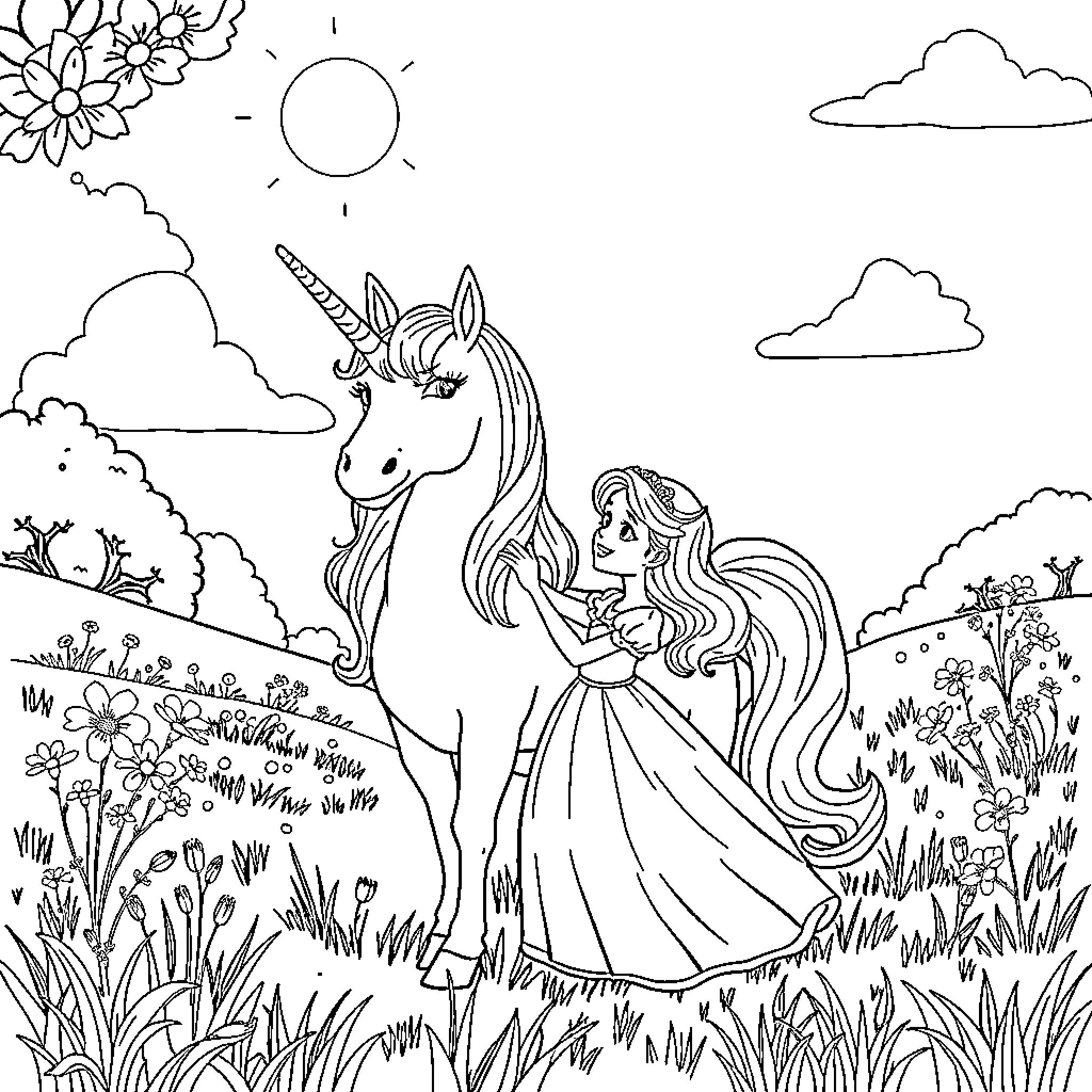 Princess and Unicorn in Enchanted Meadow Coloring Page (free black-and-white line drawing printable PDF for all, from beginners to advanced learners, including children, teens, adults, and seniors)