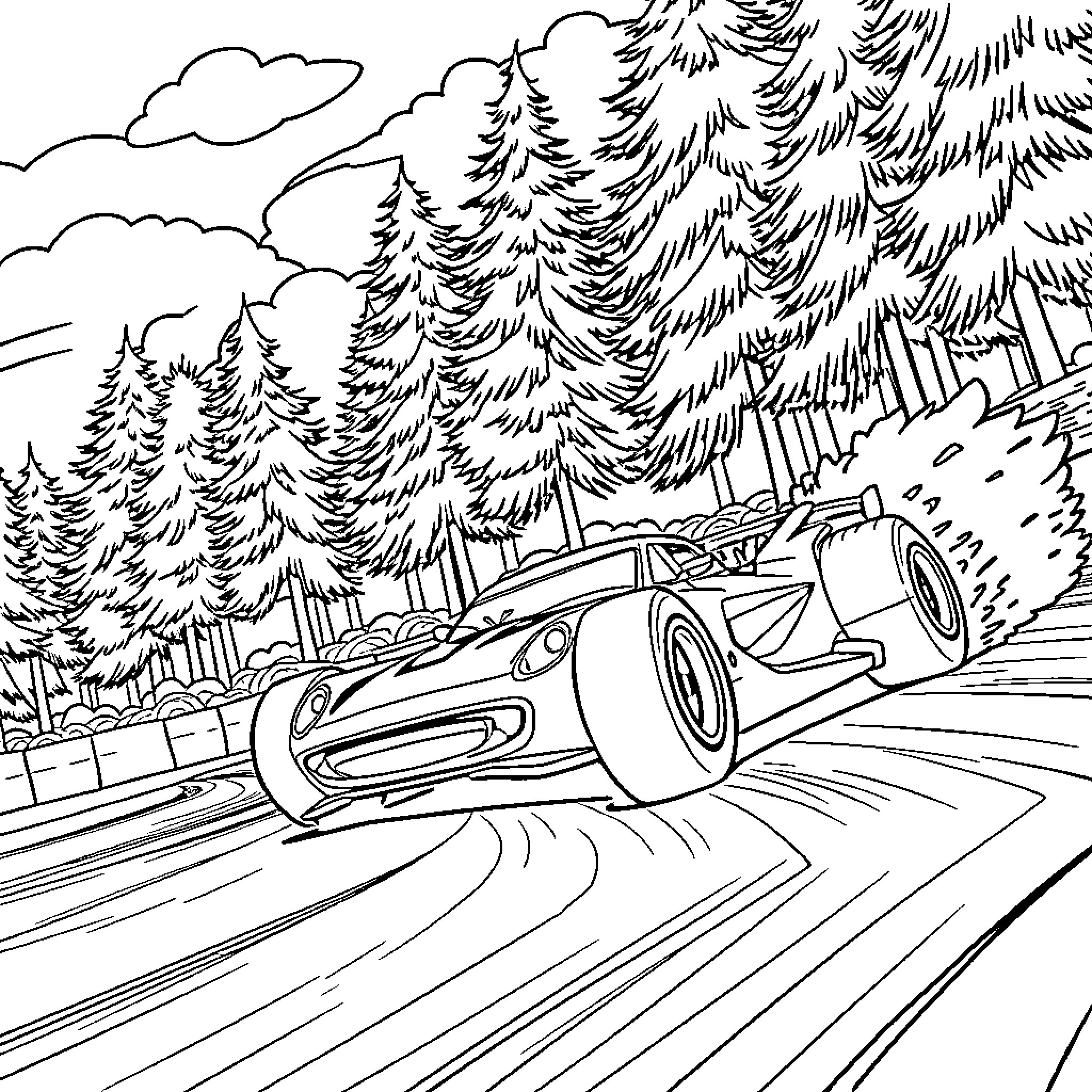 Wheel racing through the forest Coloring Page (free black-and-white line drawing printable PDF for all, from beginners to advanced learners, including children, teens, adults, and seniors)