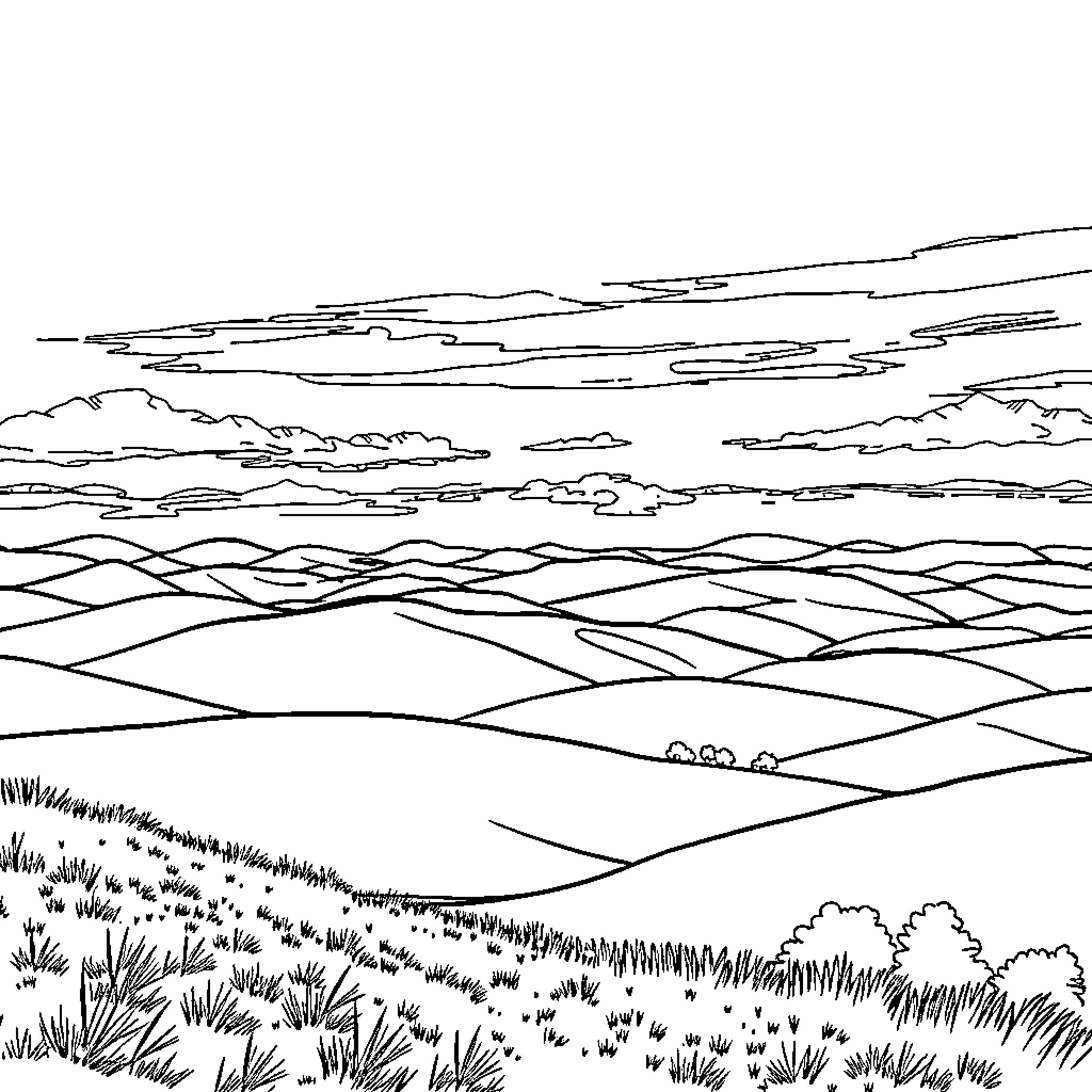 Landscape with rolling hills and cloudy sky Coloring Page (free black-and-white line drawing printable PDF for all, from beginners to advanced learners, including children, teens, adults, and seniors)