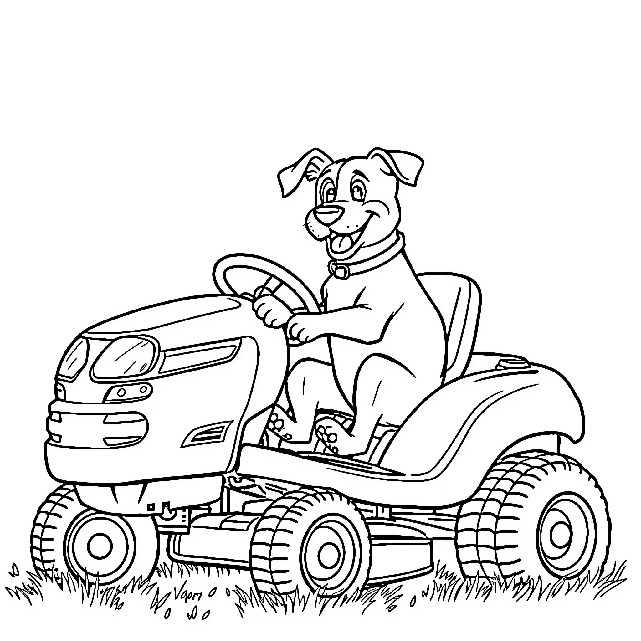 Dog driving a lawn mower in the yard Coloring Page (free black-and-white line drawing printable PDF for all, from beginners to advanced learners, including children, teens, adults, and seniors)
