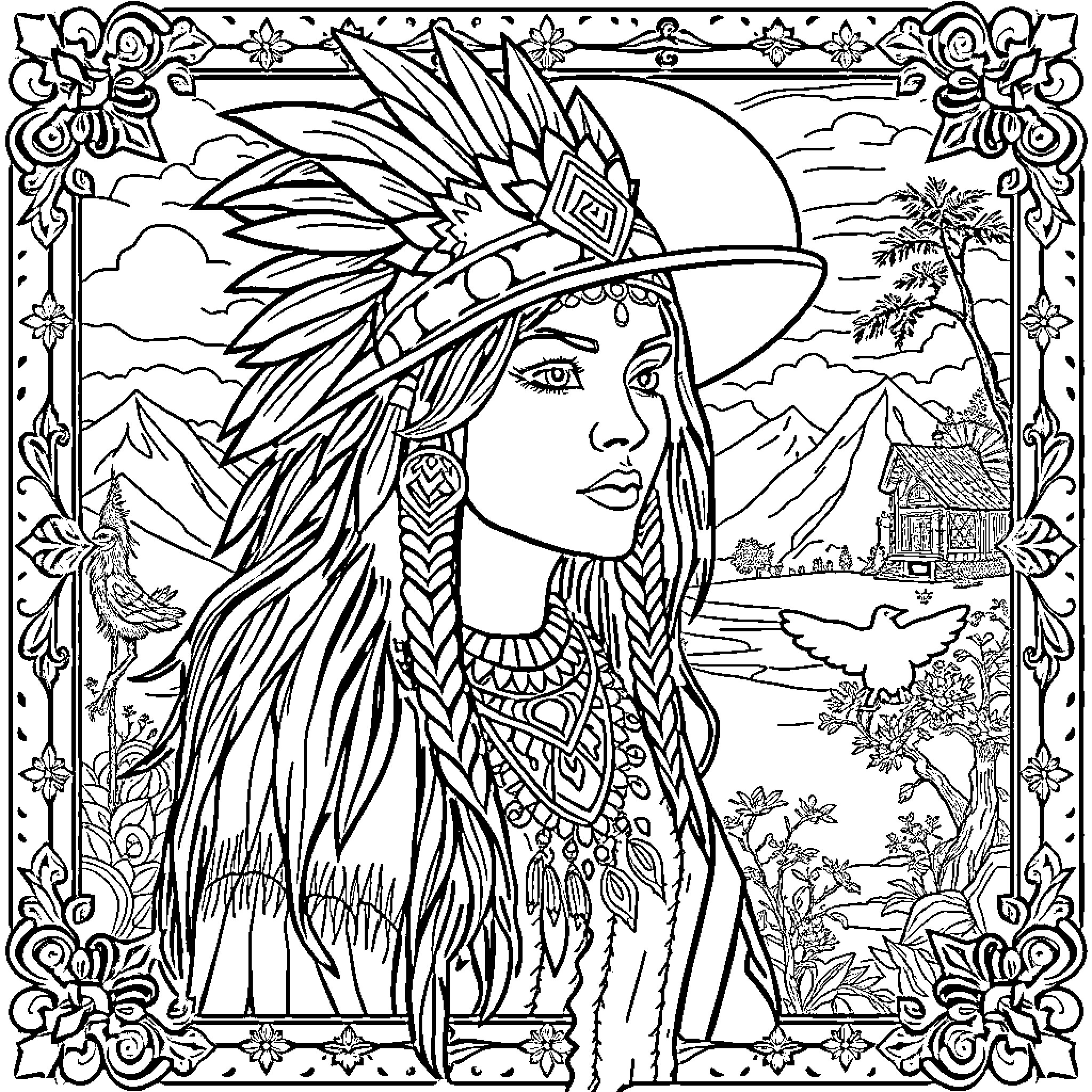 Native American Woman in Ornate Headdress and Dress Coloring Page (free black-and-white line drawing printable PDF for all, from beginners to advanced learners, including children, teens, adults, and seniors)