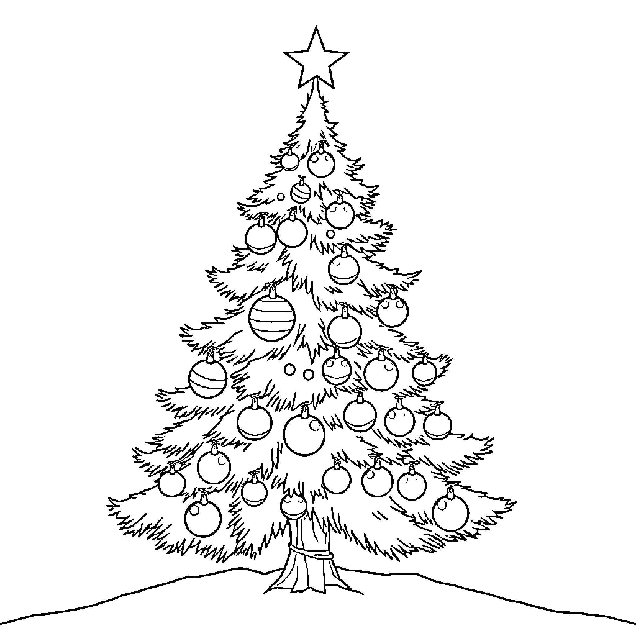 Christmas Tree with Decorative Ornaments Coloring Page (free black-and-white line drawing printable PDF for all, from beginners to advanced learners, including children, teens, adults, and seniors)