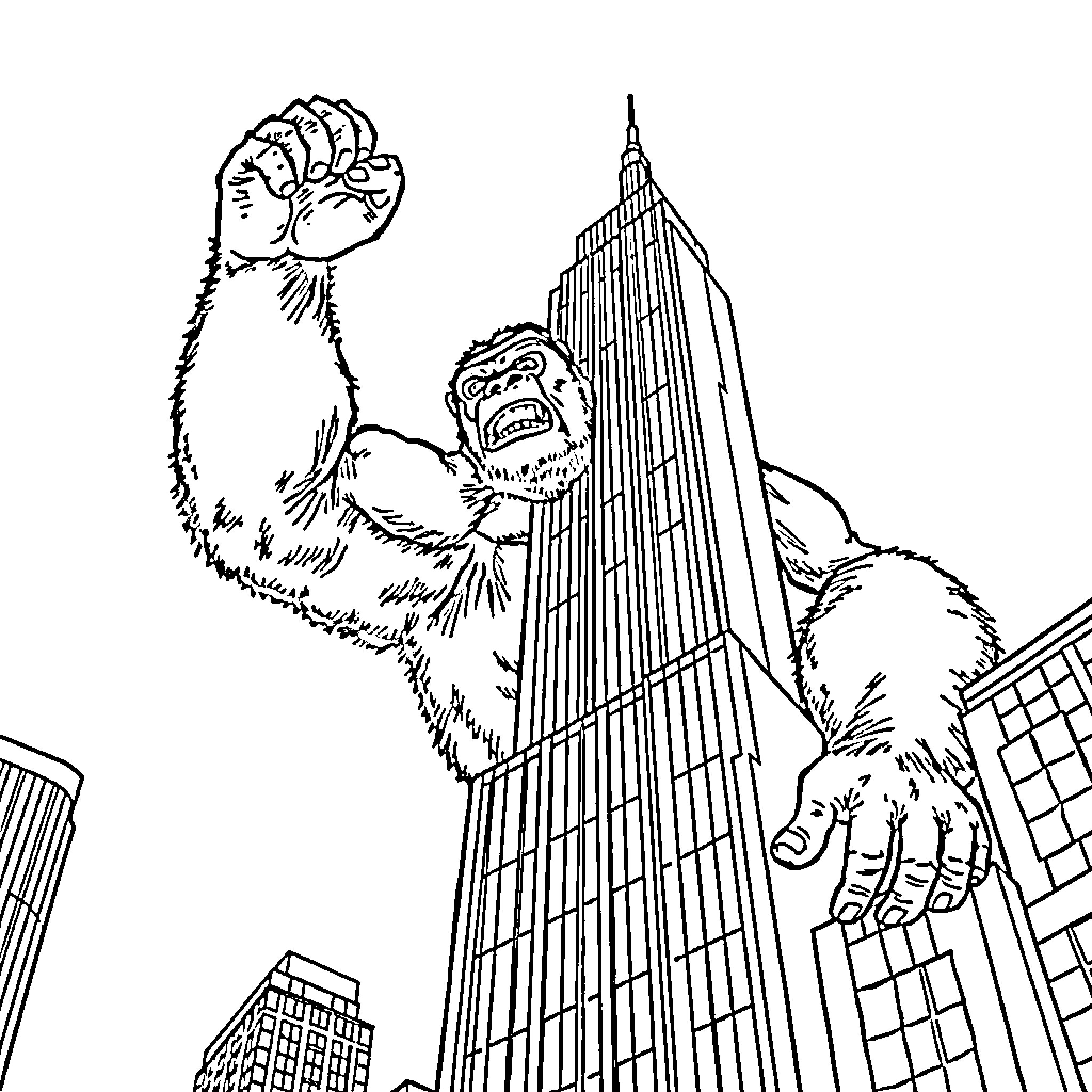King Kong Climbing the Empire State Building Coloring Page (free black-and-white line drawing printable PDF for all, from beginners to advanced learners, including children, teens, adults, and seniors)