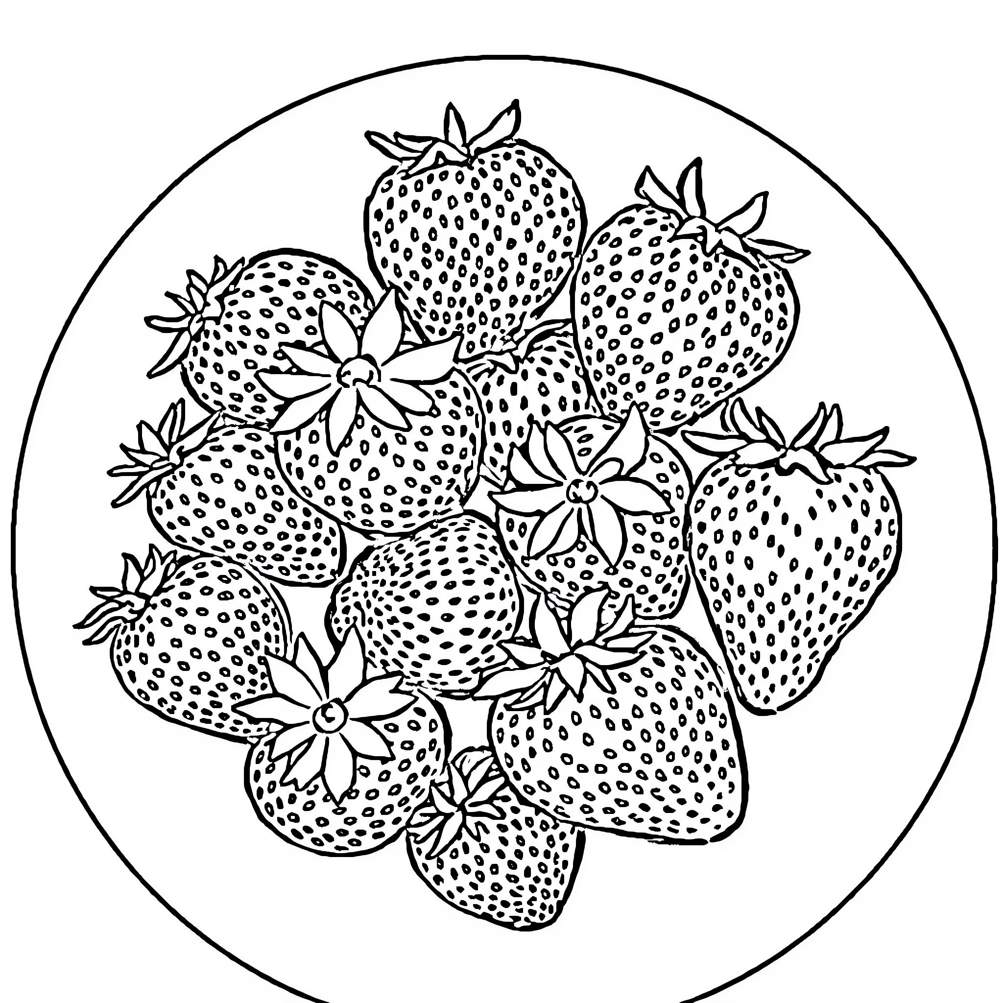 Strawberry Delight: A Delectable Display Coloring Page (free black-and-white line drawing printable PDF for all, from beginners to advanced learners, including children, teens, adults, and seniors)