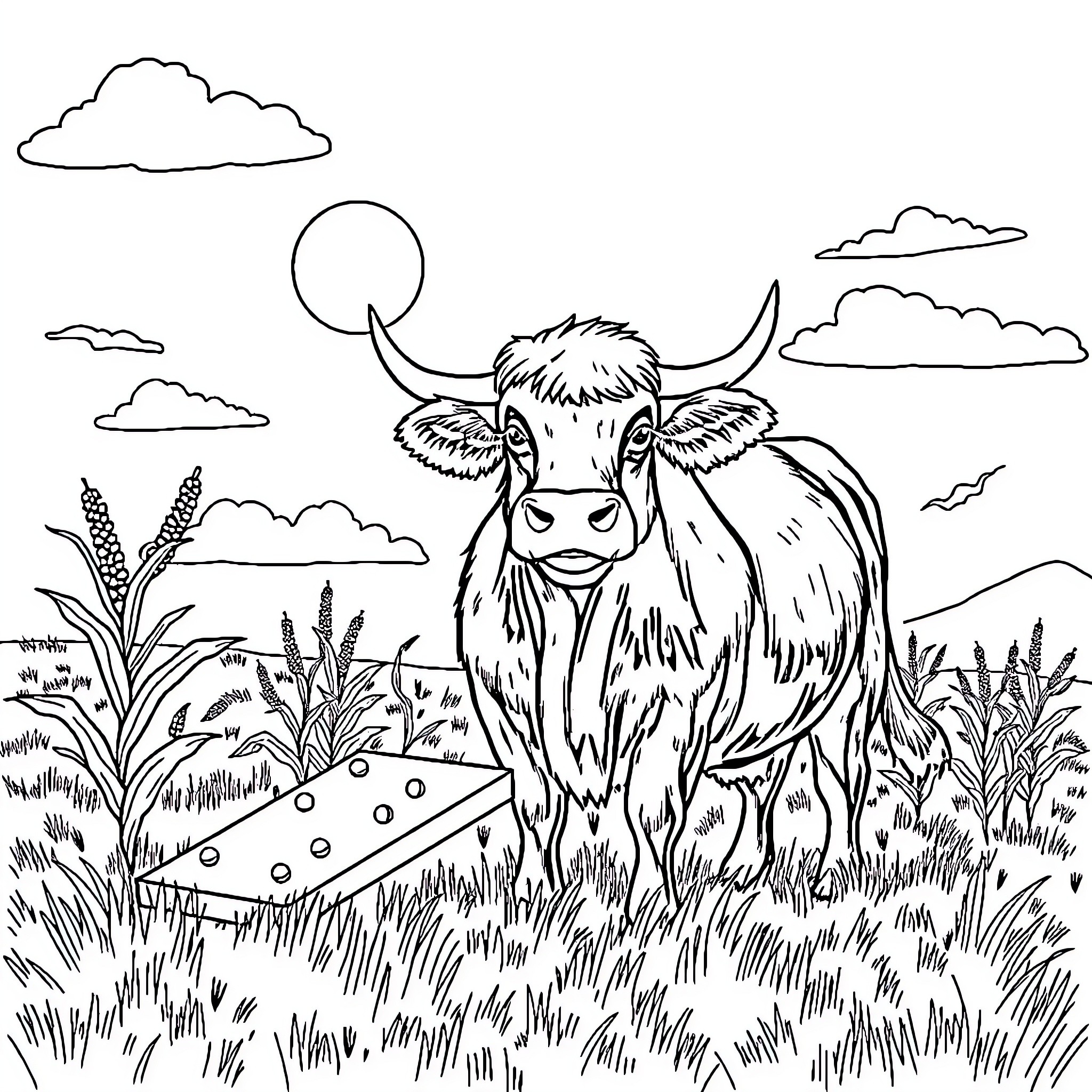 Highland Cow grazing in a scenic meadow Coloring Page (free black-and-white line drawing printable PDF for all, from beginners to advanced learners, including children, teens, adults, and seniors)