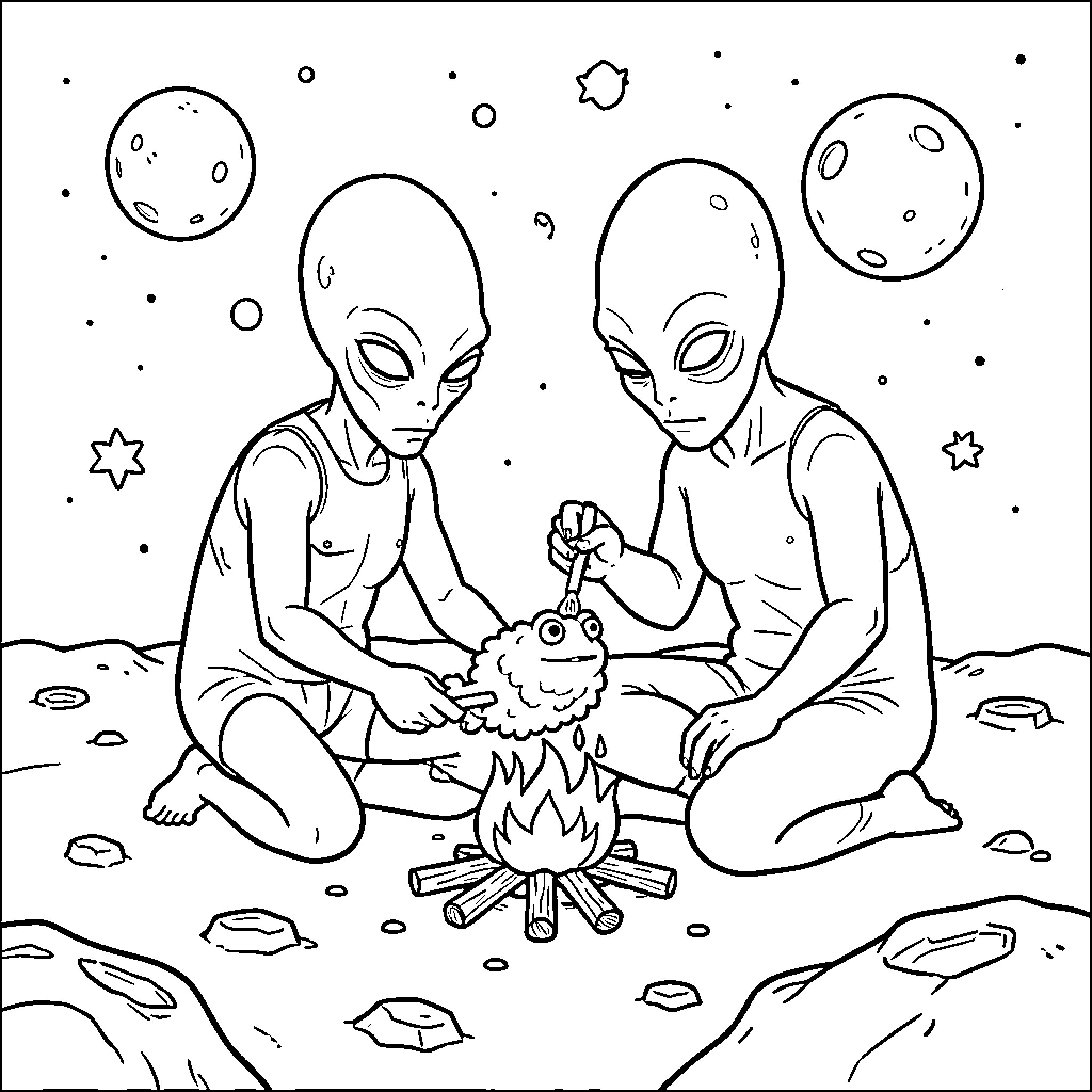 Alien beings having a campfire on a distant planet Coloring Page (free black-and-white line drawing printable PDF for all, from beginners to advanced learners, including children, teens, adults, and seniors)