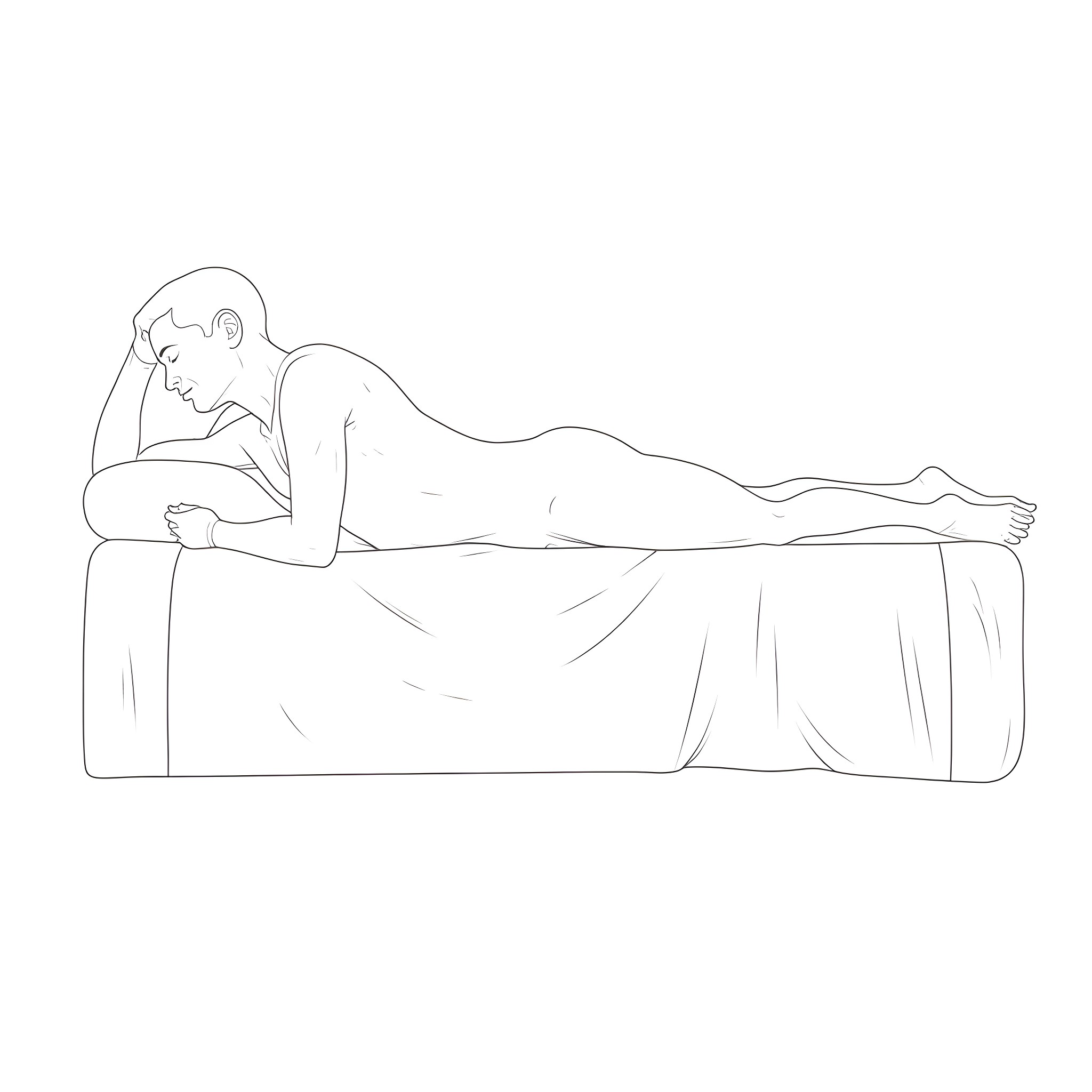 Male figure resting on a couch in a serene pose Coloring Page (free black-and-white line drawing printable PDF for all, from beginners to advanced learners, including children, teens, adults, and seniors)