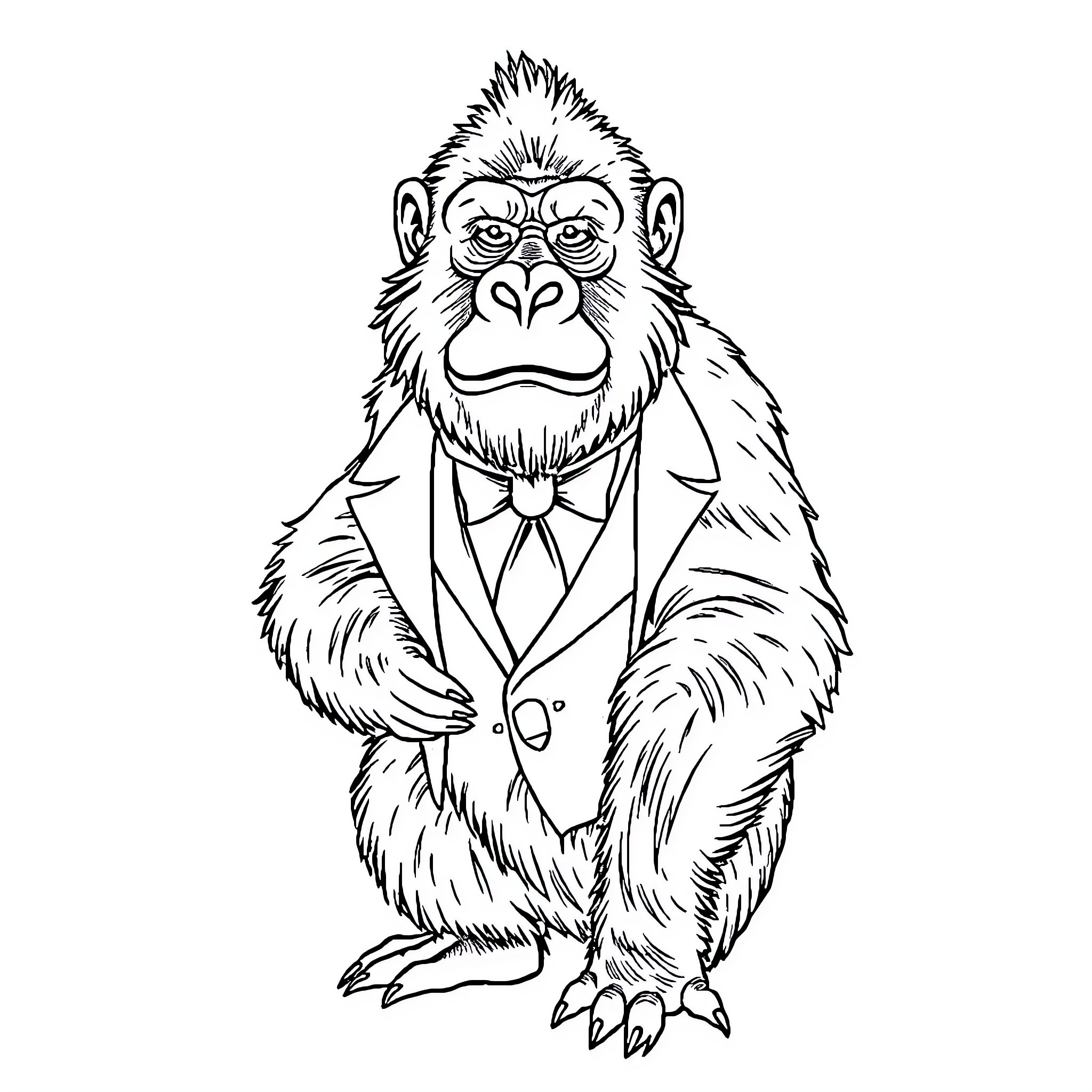 Gorilla dressed formally in a suit Coloring Page (free black-and-white line drawing printable PDF for all, from beginners to advanced learners, including children, teens, adults, and seniors)