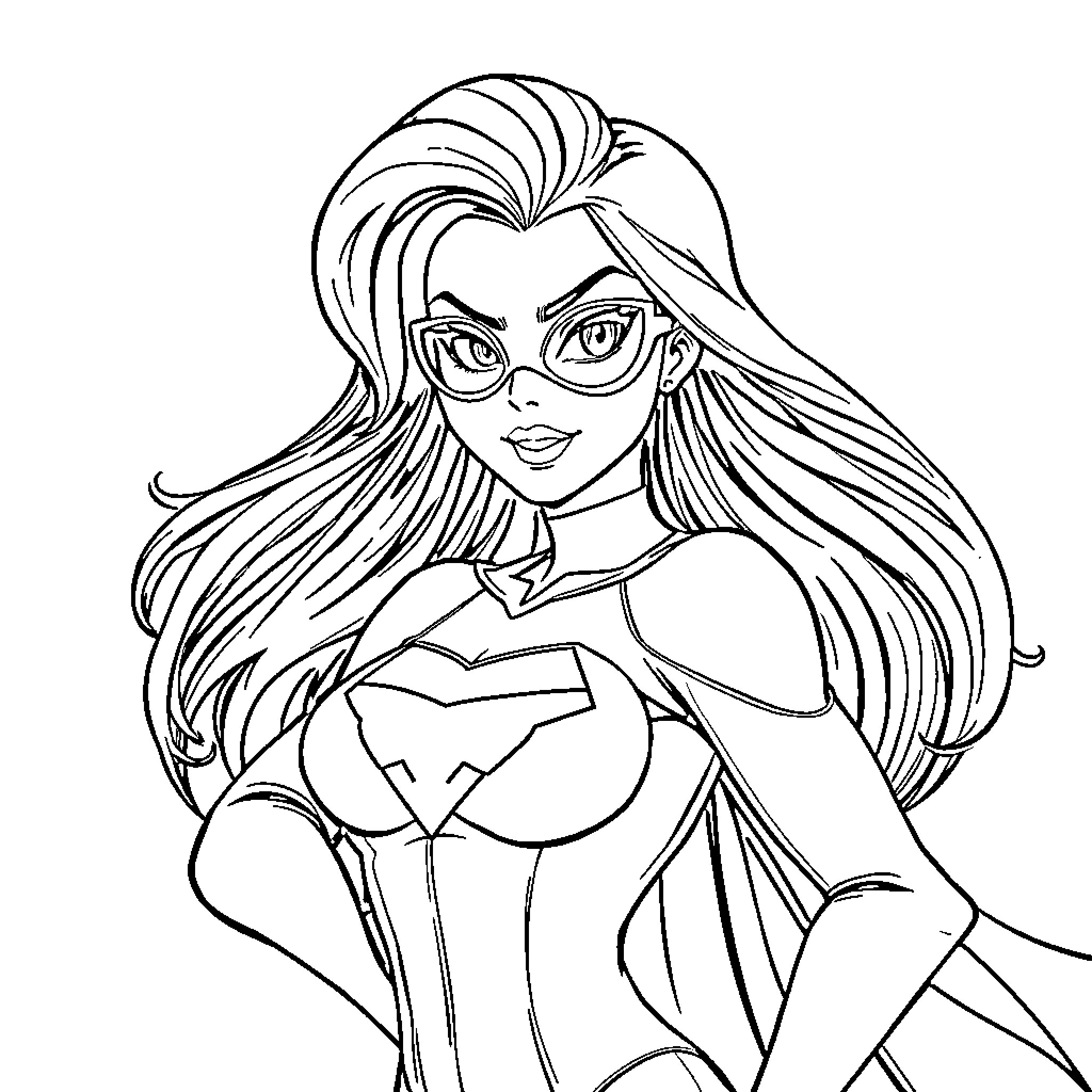 Superhero Woman in Action Stance Coloring Page (free black-and-white line drawing printable PDF for all, from beginners to advanced learners, including children, teens, adults, and seniors)