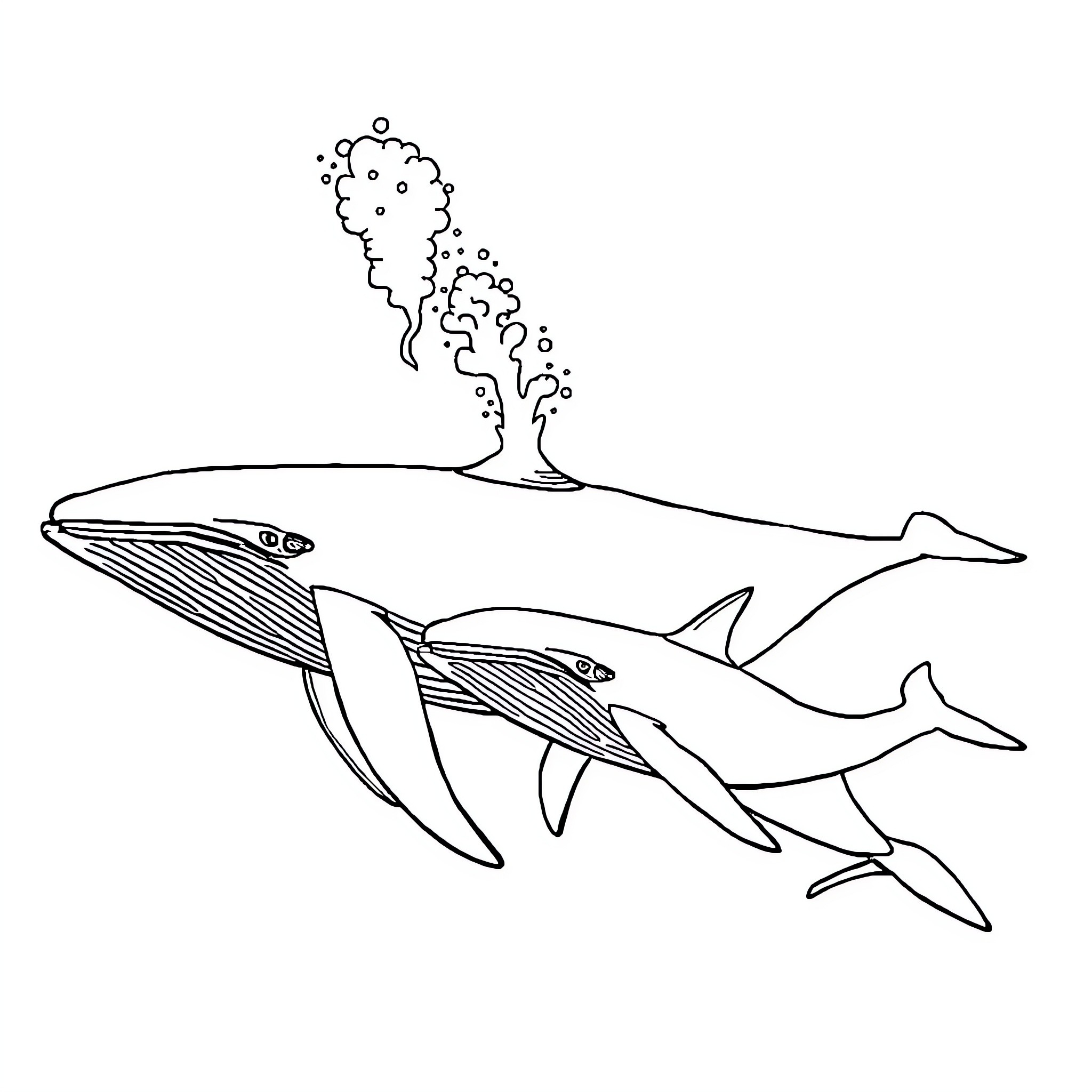 Whale blowing water through its blowhole Coloring Page (free black-and-white line drawing printable PDF for all, from beginners to advanced learners, including children, teens, adults, and seniors)