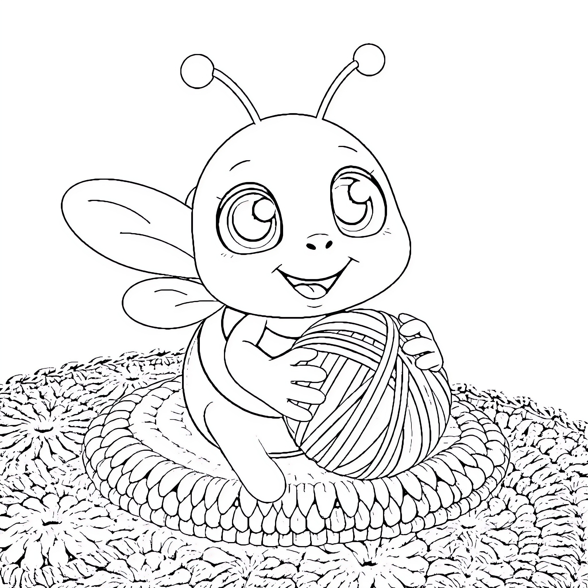 Bee knitting a cozy nest Coloring Page (free black-and-white line drawing printable PDF for all, from beginners to advanced learners, including children, teens, adults, and seniors)