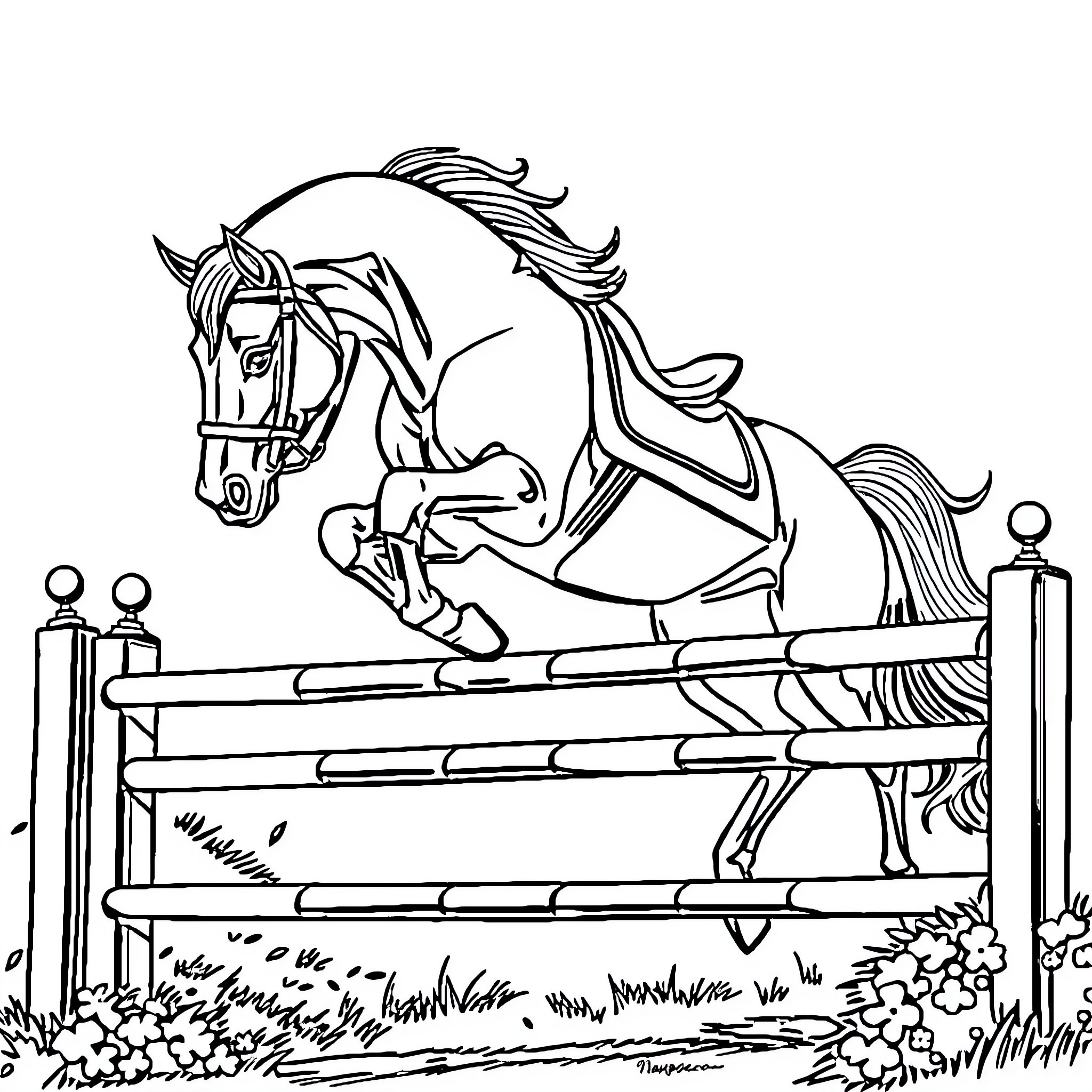 Horse jumping over fence in competition Coloring Page (free black-and-white line drawing printable PDF for all, from beginners to advanced learners, including children, teens, adults, and seniors)