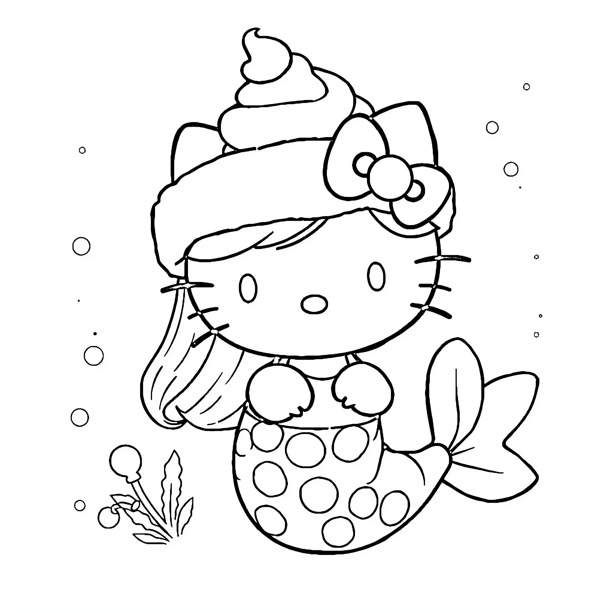 Hello Kitty mermaid with ice cream hat Coloring Page (free black-and-white line drawing printable PDF for all, from beginners to advanced learners, including children, teens, adults, and seniors)