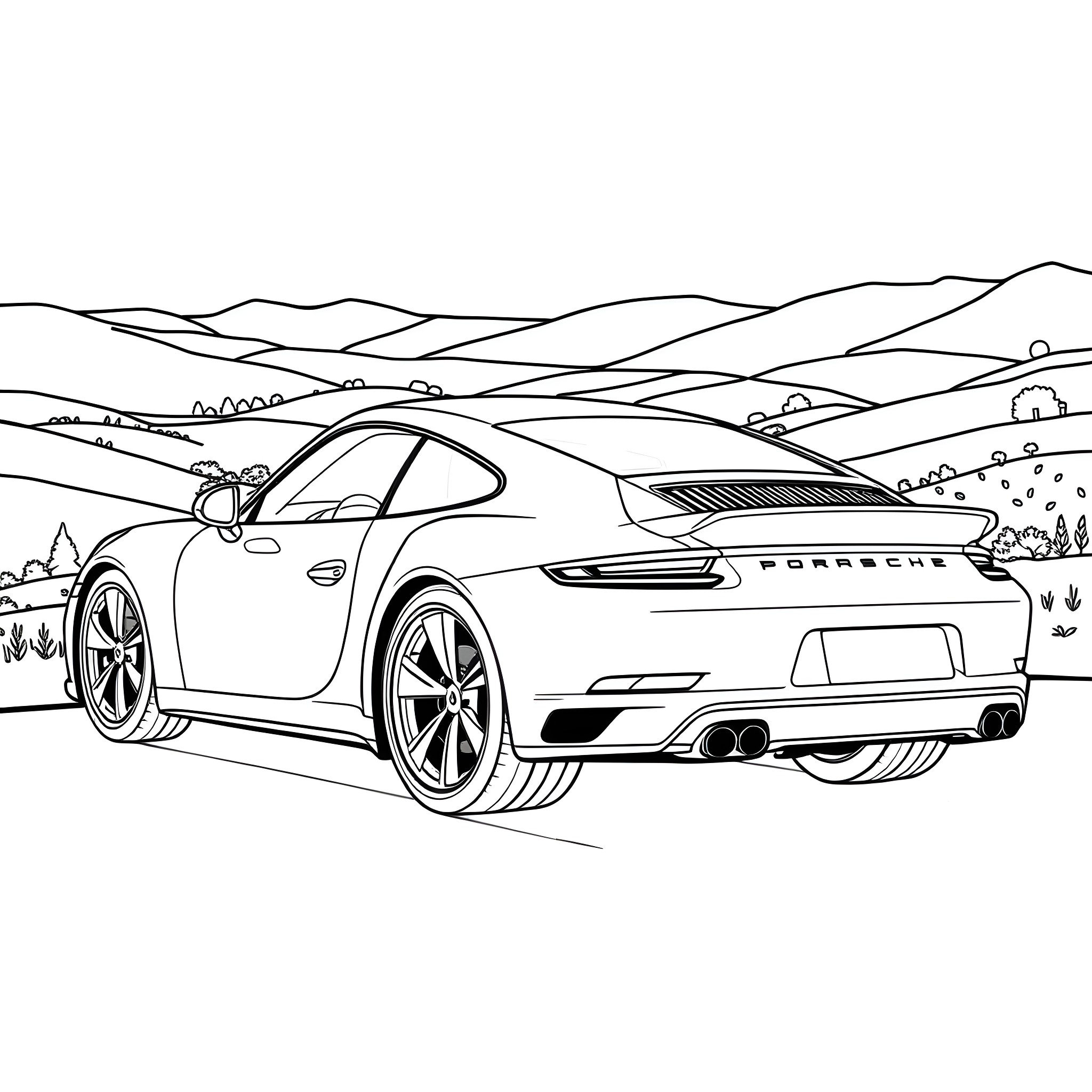 Porsche 911 speeding through the countryside Coloring Page (free black-and-white line drawing printable PDF for all, from beginners to advanced learners, including children, teens, adults, and seniors)