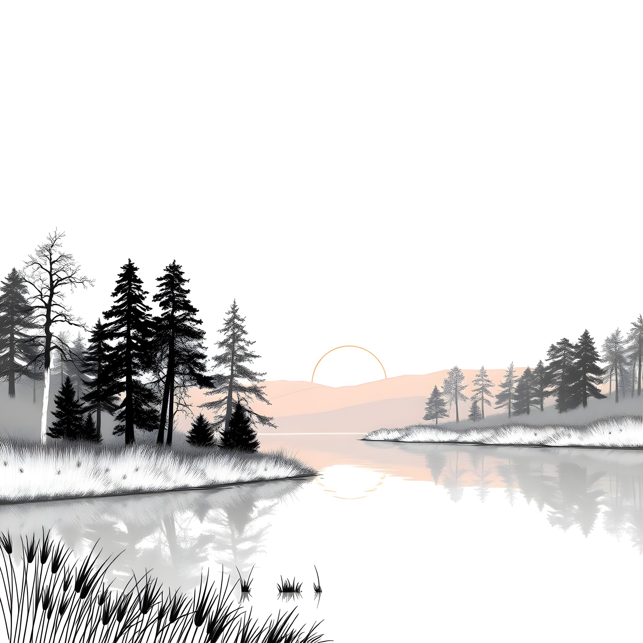 Twilight over a serene forest lake Coloring Page (free black-and-white line drawing printable PDF for all, from beginners to advanced learners, including children, teens, adults, and seniors)