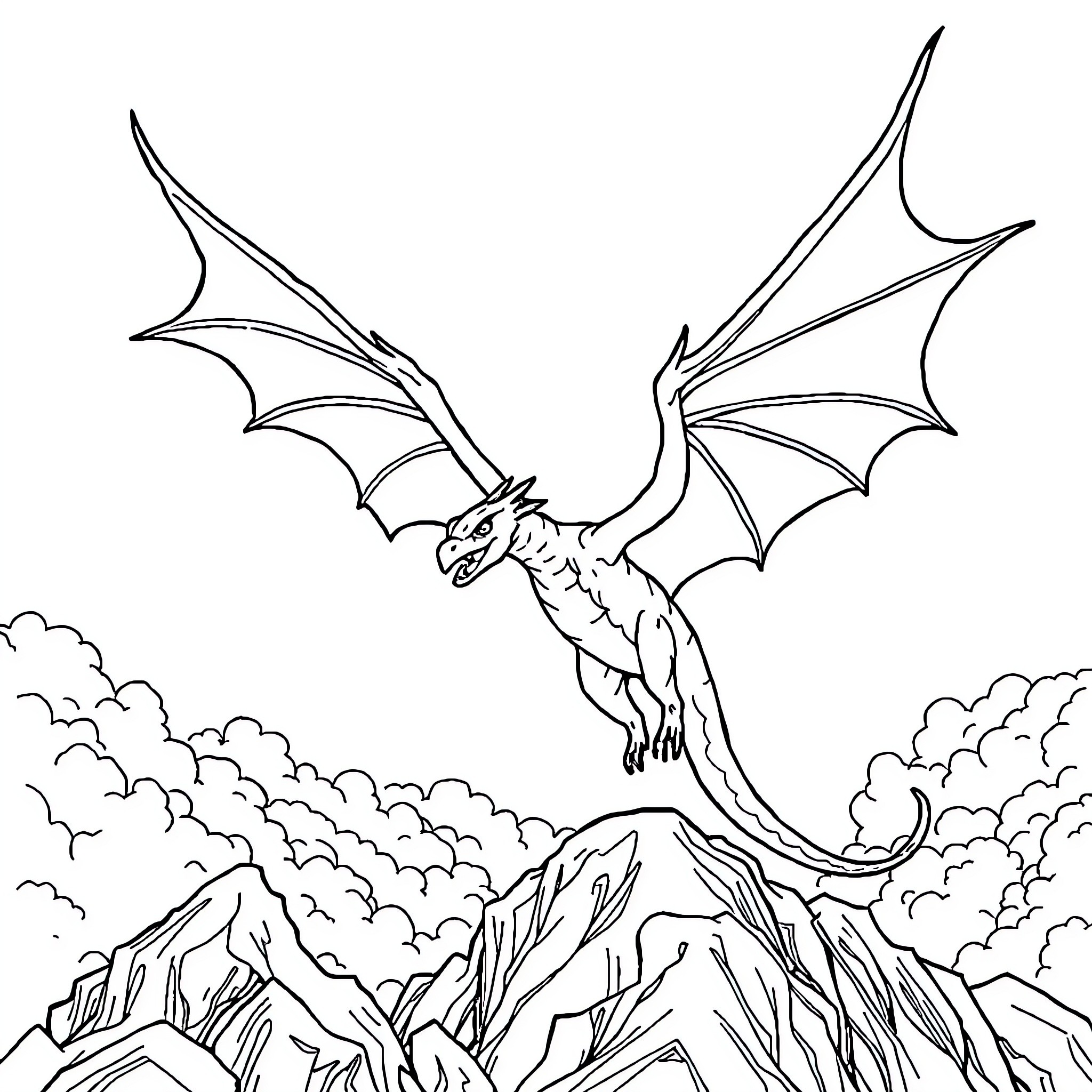 Dragon soaring majestically over rugged mountains Coloring Page (free black-and-white line drawing printable PDF for all, from beginners to advanced learners, including children, teens, adults, and seniors)