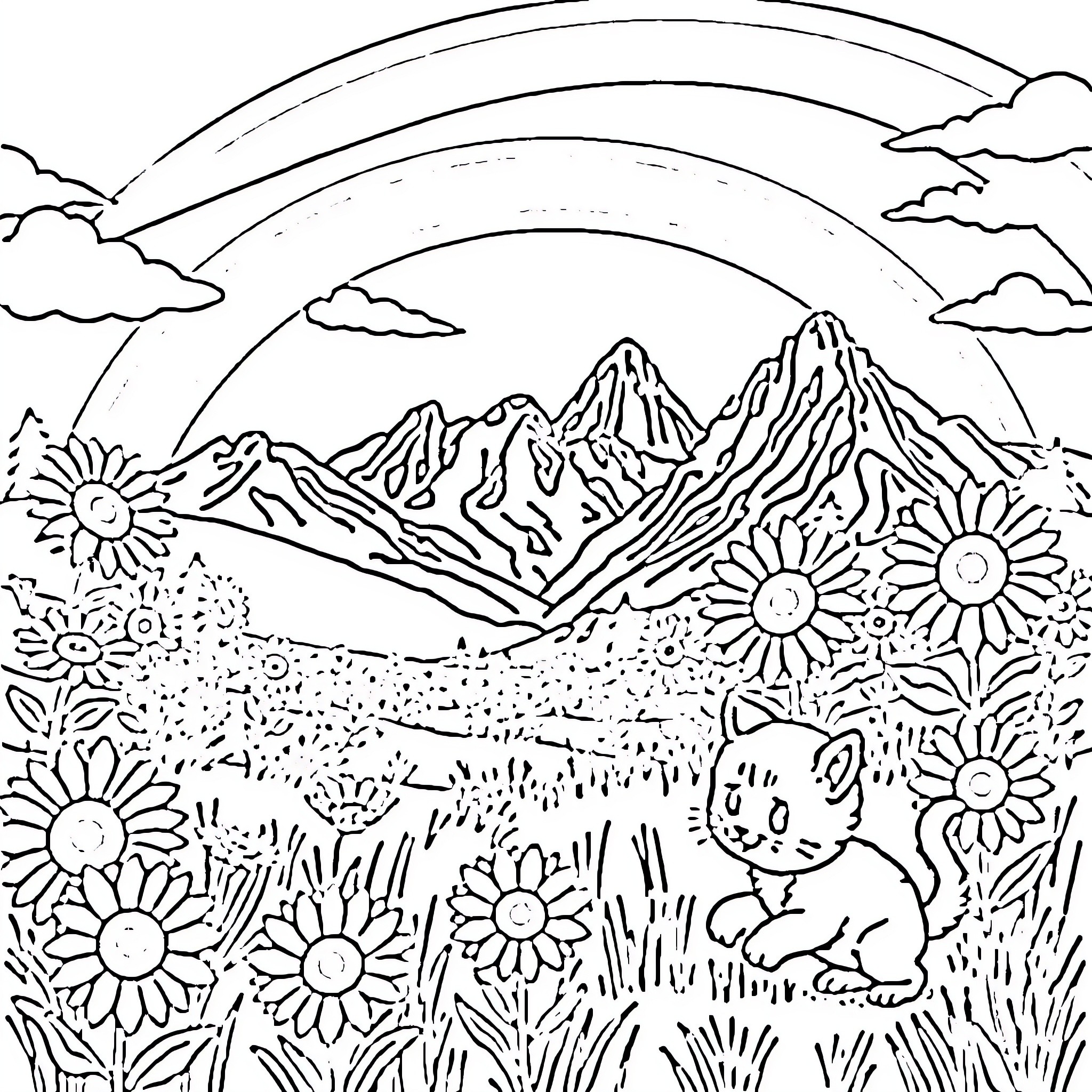 Kitten in a Flower Field with Mountains Coloring Page (free black-and-white line drawing printable PDF for all, from beginners to advanced learners, including children, teens, adults, and seniors)
