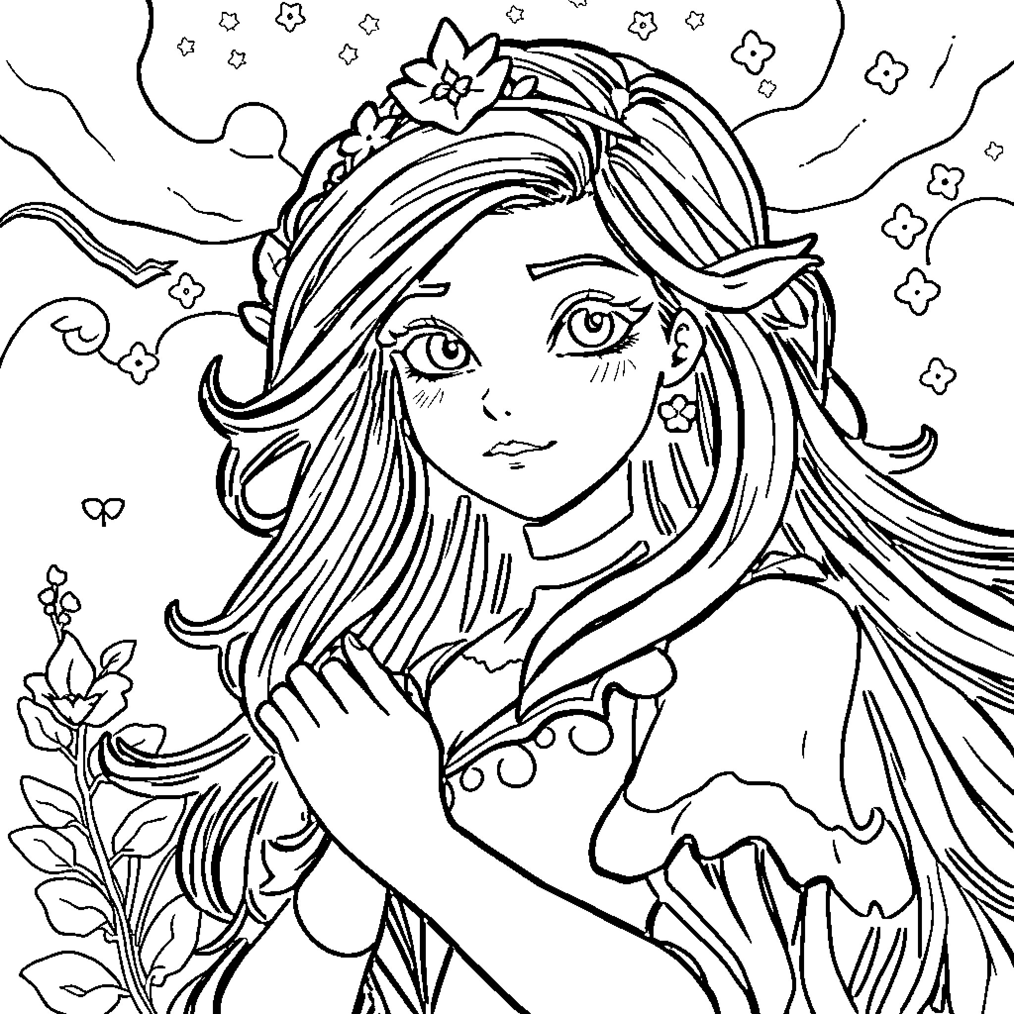 Merlina's Enchanting Dream Coloring Page (free black-and-white line drawing printable PDF for all, from beginners to advanced learners, including children, teens, adults, and seniors)