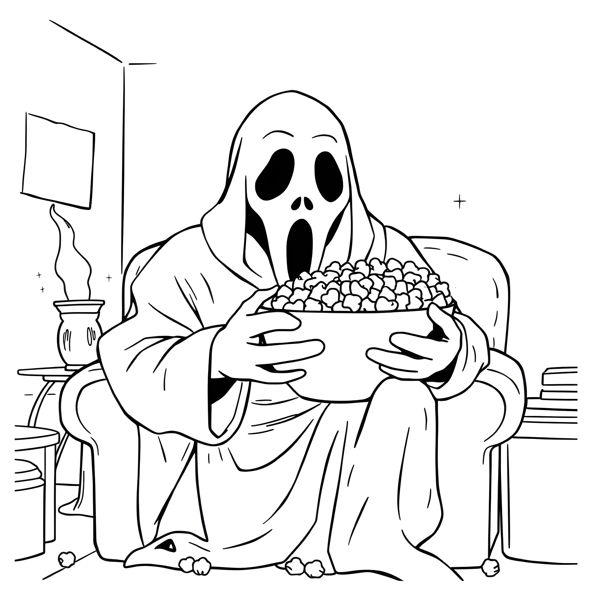 Ghostface enjoying a frightening movie night at home Coloring Page (free black-and-white line drawing printable PDF for all, from beginners to advanced learners, including children, teens, adults, and seniors)