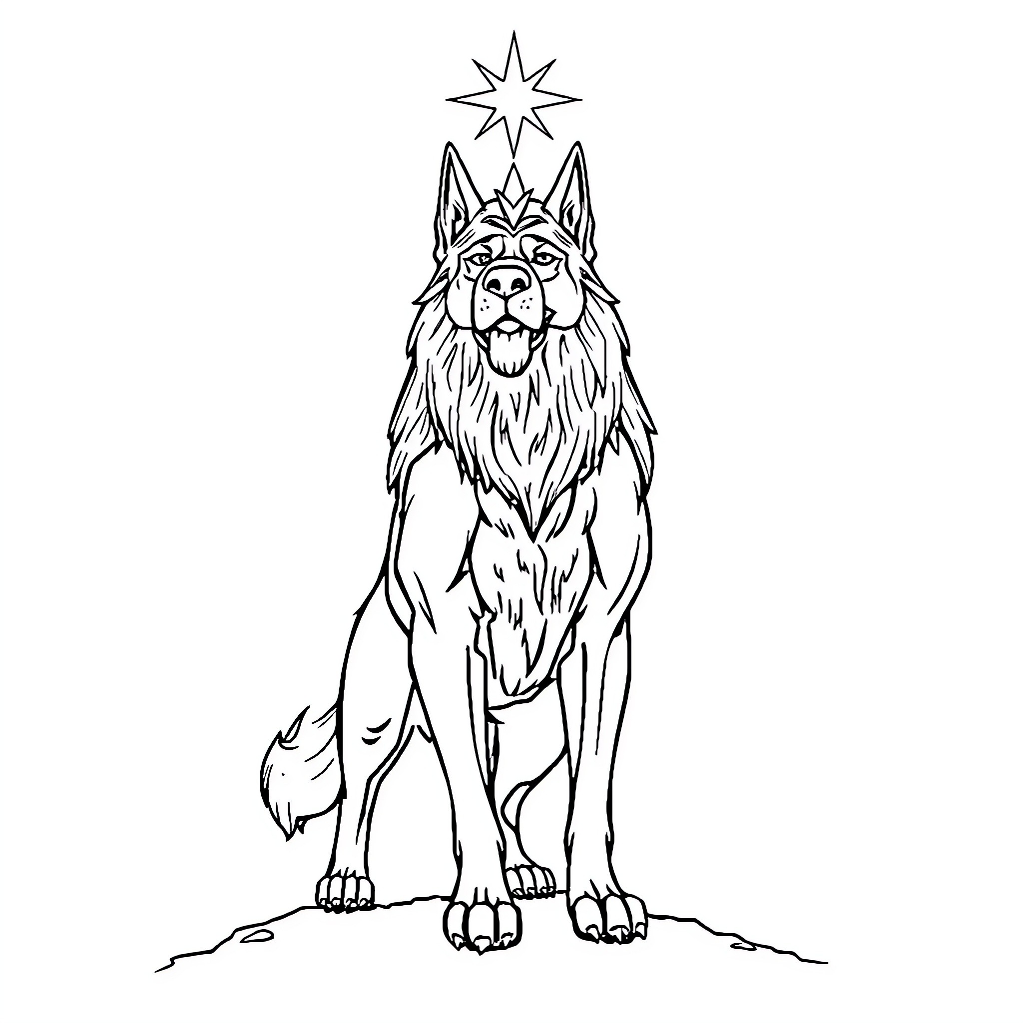 Dog looking up at a shining star Coloring Page (free black-and-white line drawing printable PDF for all, from beginners to advanced learners, including children, teens, adults, and seniors)